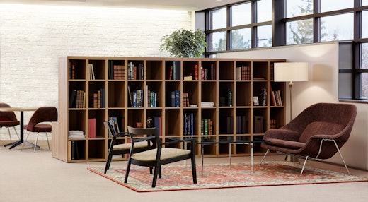 anchor storage open lockers Barcelona table Krusin lounge chair Womb settee Saarinen Executive Armless chair Community Space Activity Space Library