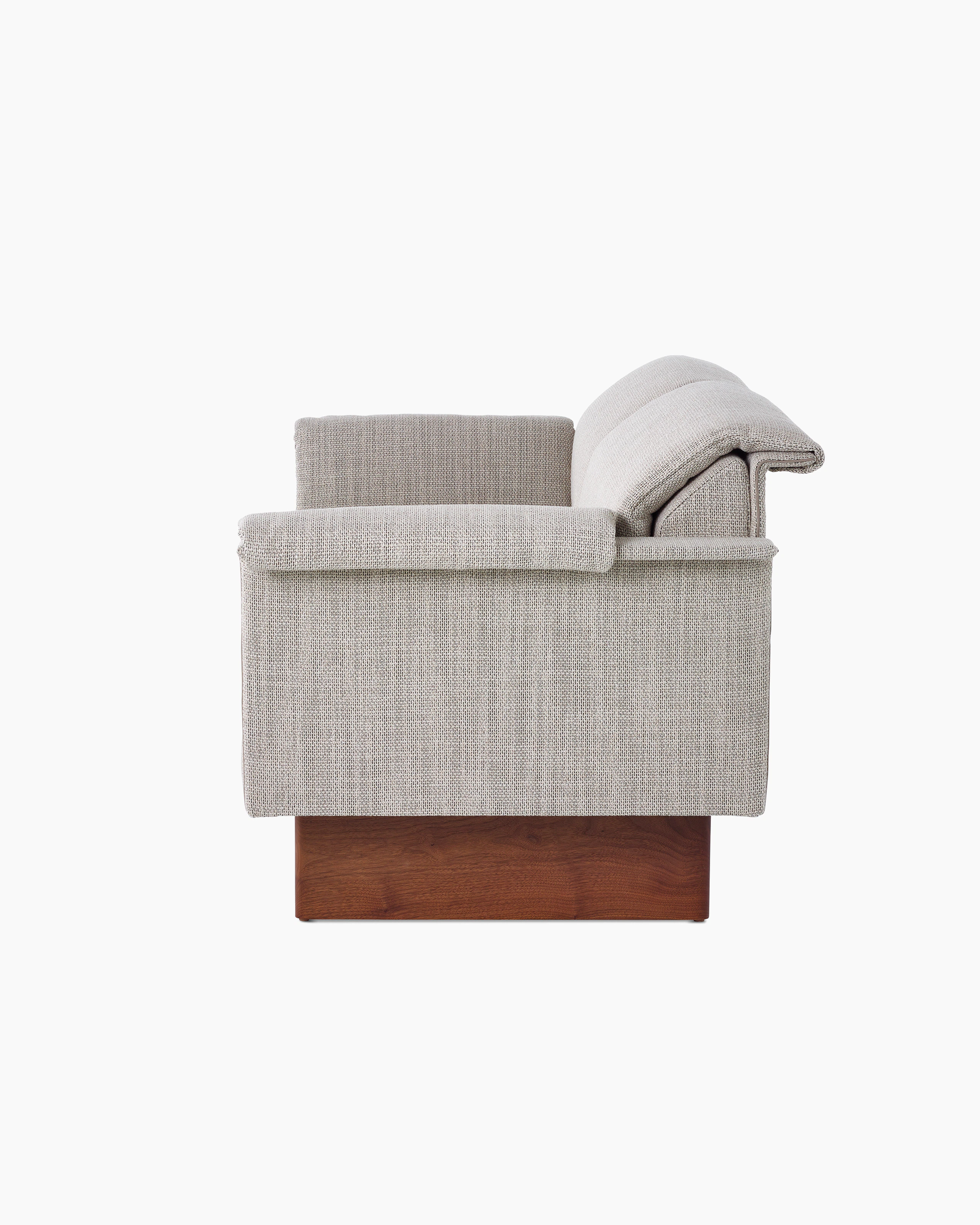 Mantle Two Seater Sofa in Capri Stone with Walnut Wood Base, side view.