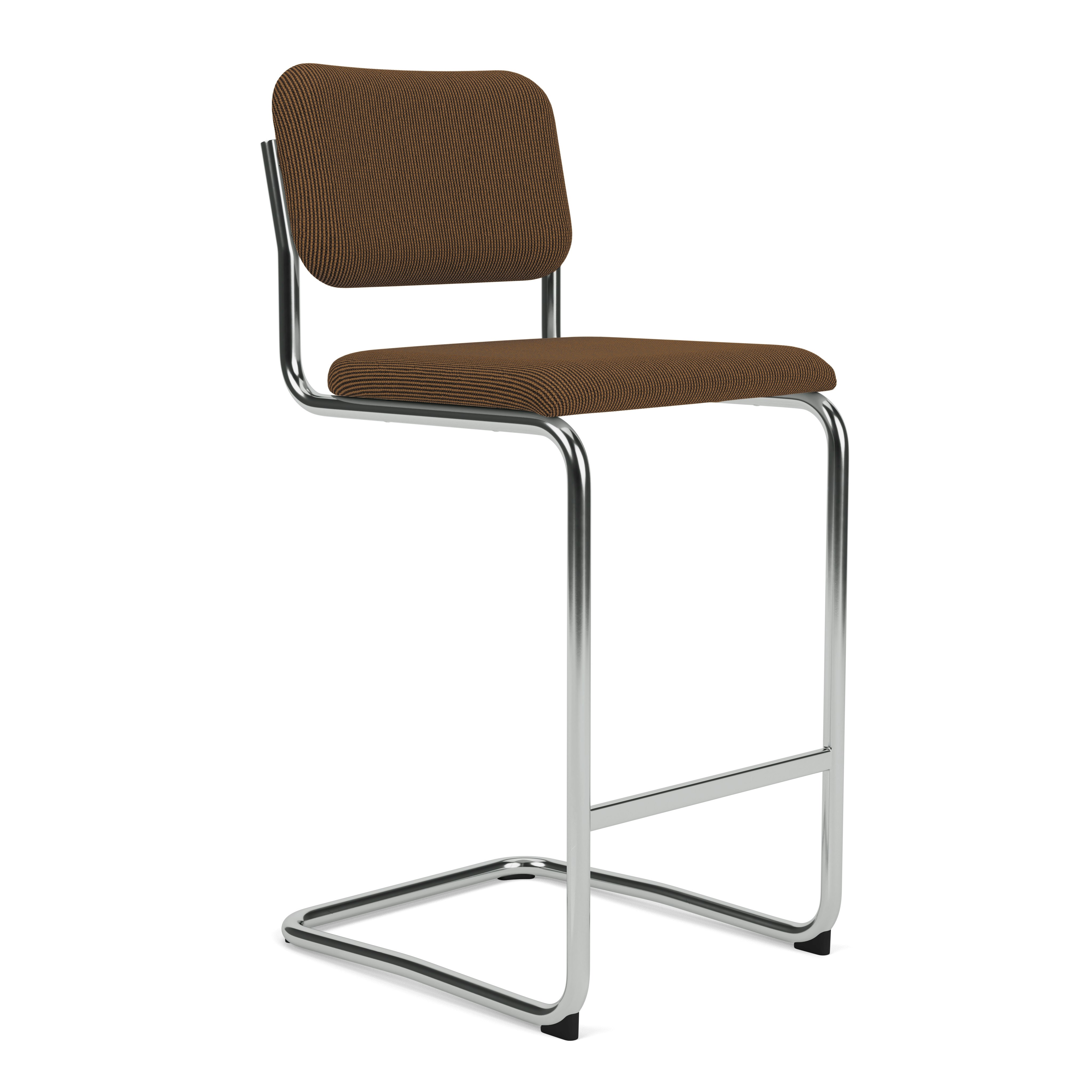A Cesca Fully Upholstered Stool in Brunette with Chrome viewed from an angle.