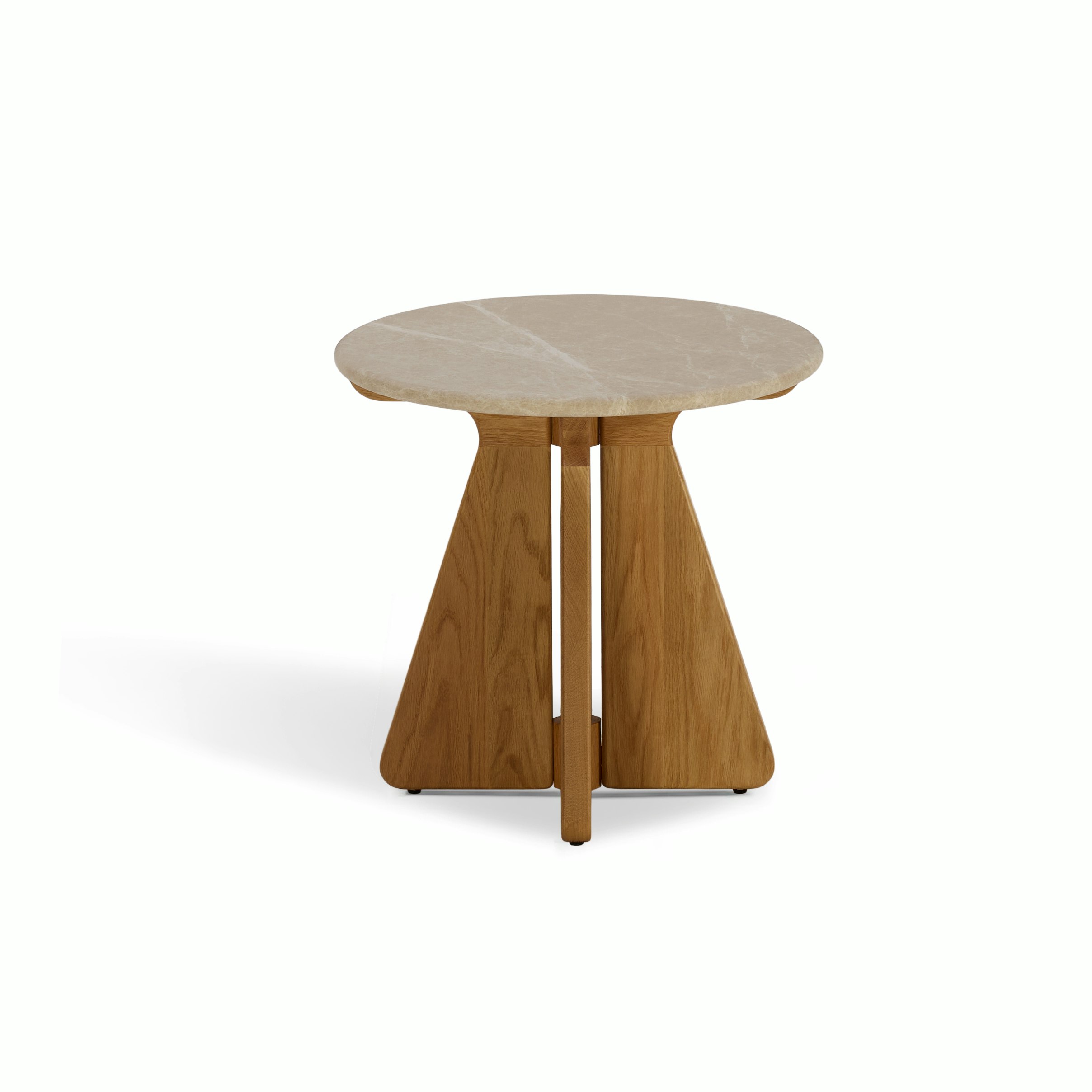 A Pinna Side Table in Emperador Oak viewed from above.