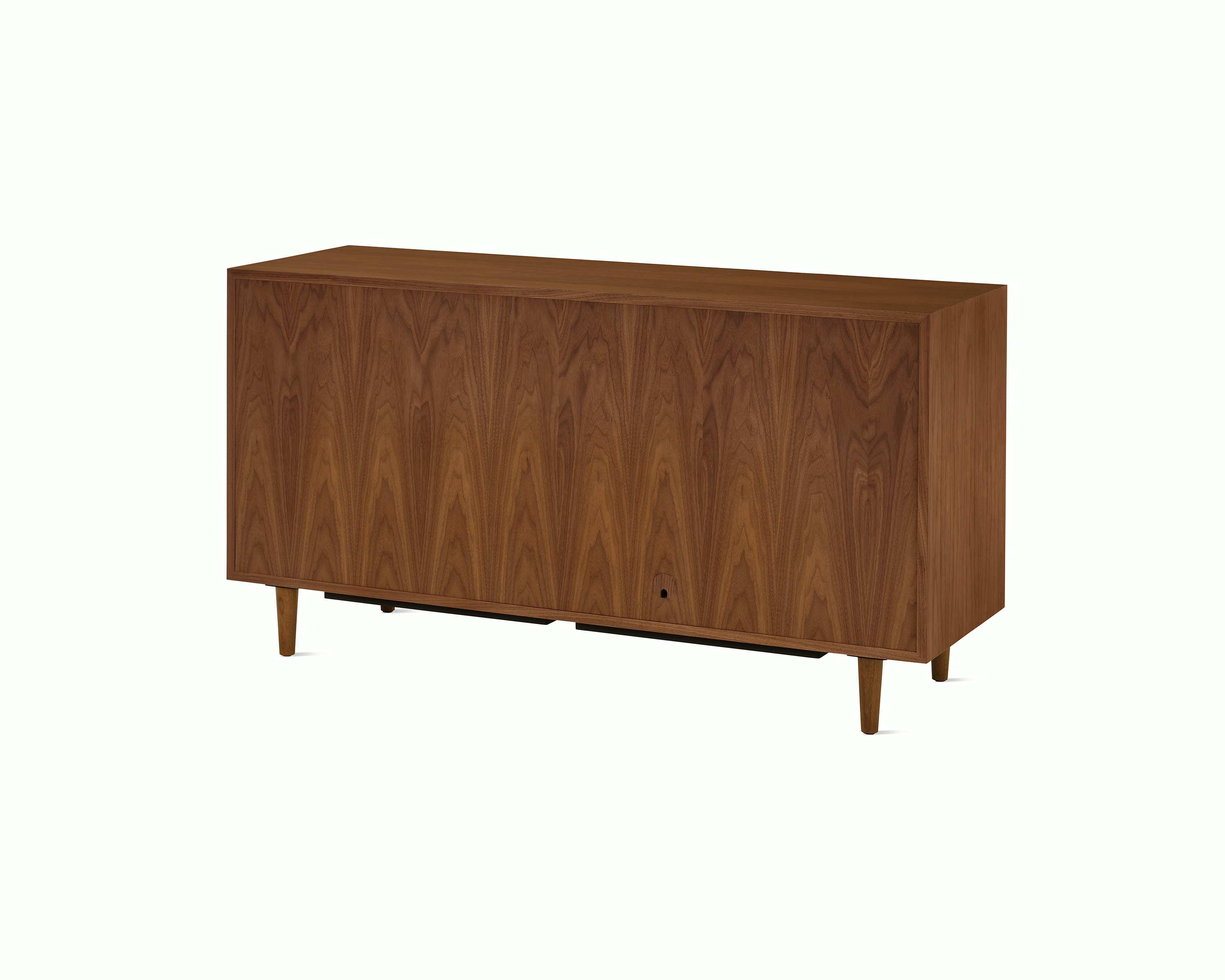 Nelson Basic Cabinet Series Credenza in walnut with two doors, four drawers, taper legs, and cupcake pulls.