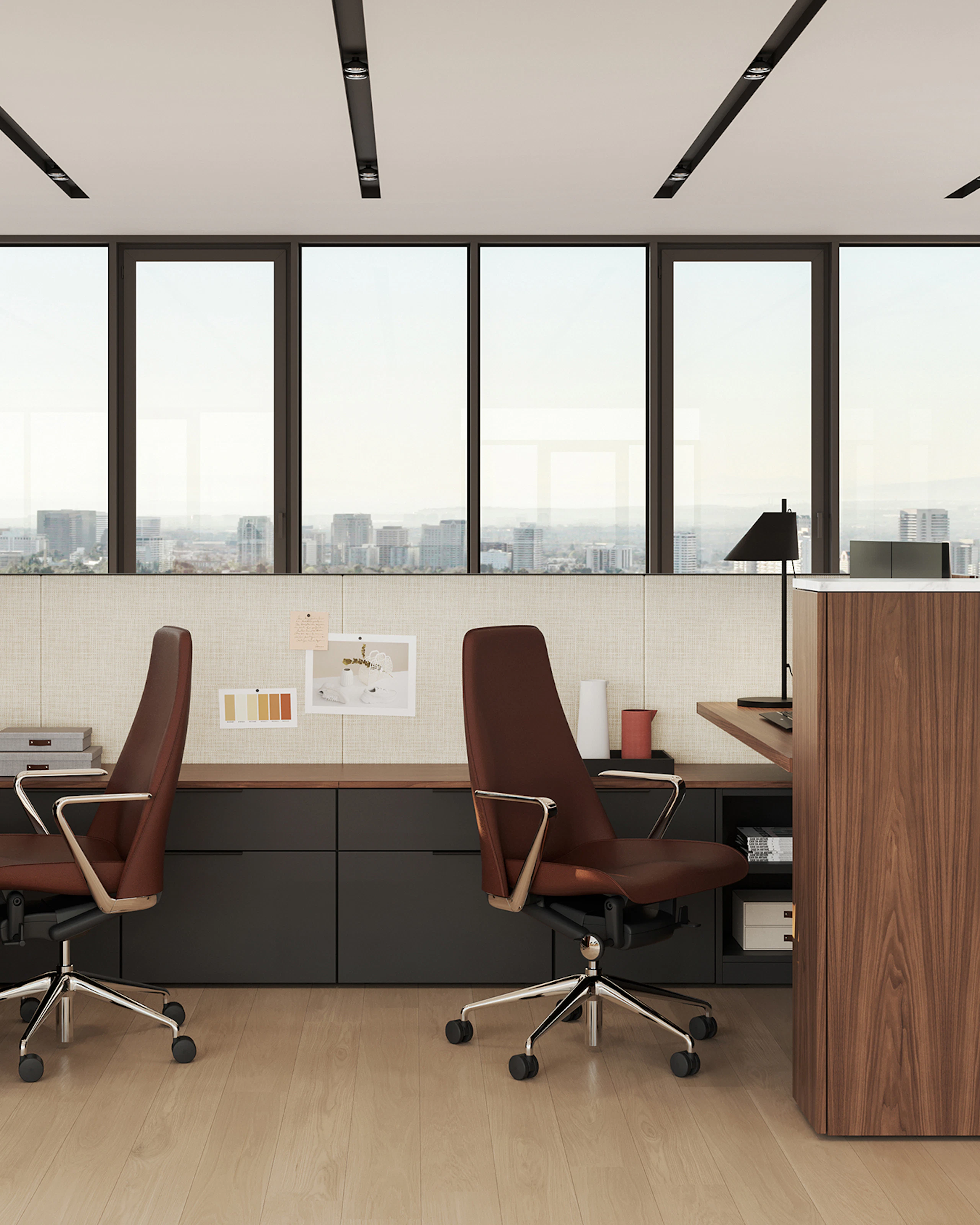 Geiger One Open Plan Workstations, Rendering OP2, in Natural Walnut with Taper Chairs.