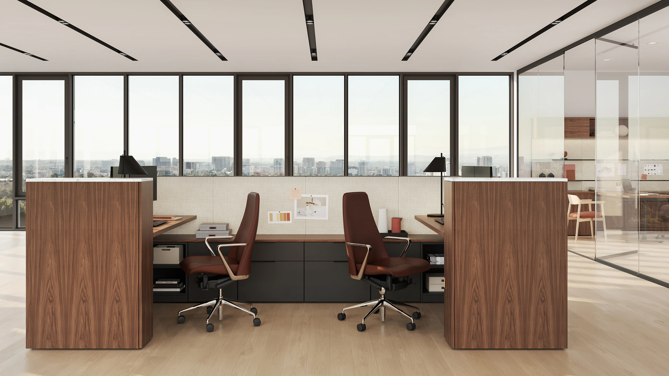 Geiger One Open Plan Workstations, Rendering OP2, in Natural Walnut with Taper Chairs.