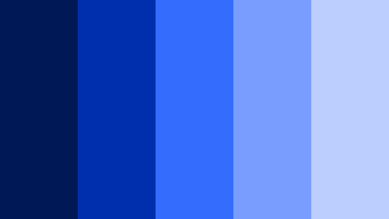 Five different shades of blue with the darkest shade on the left and the lightest shade on the right.