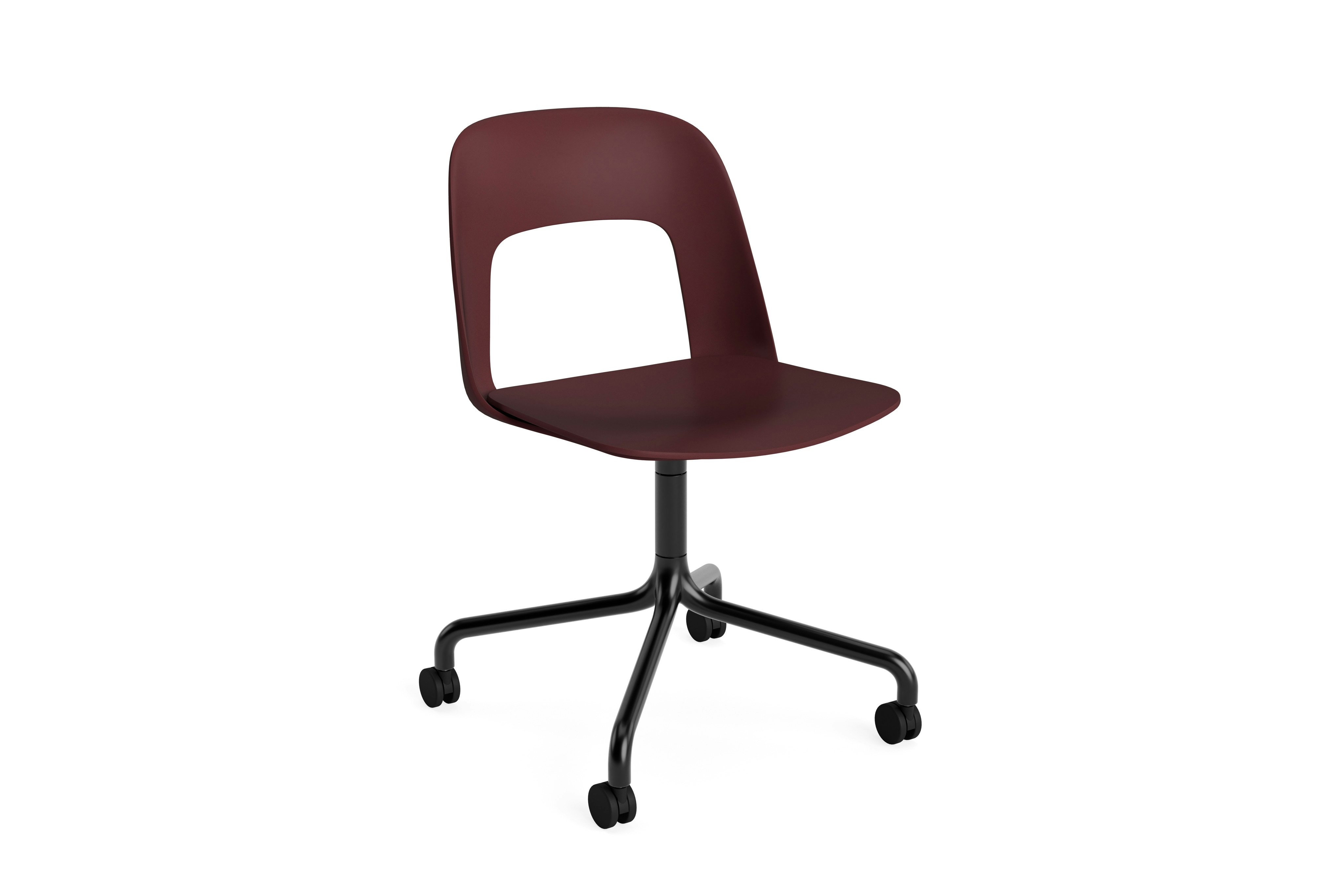 Plastic shell armless chair on arc caster base, angled view