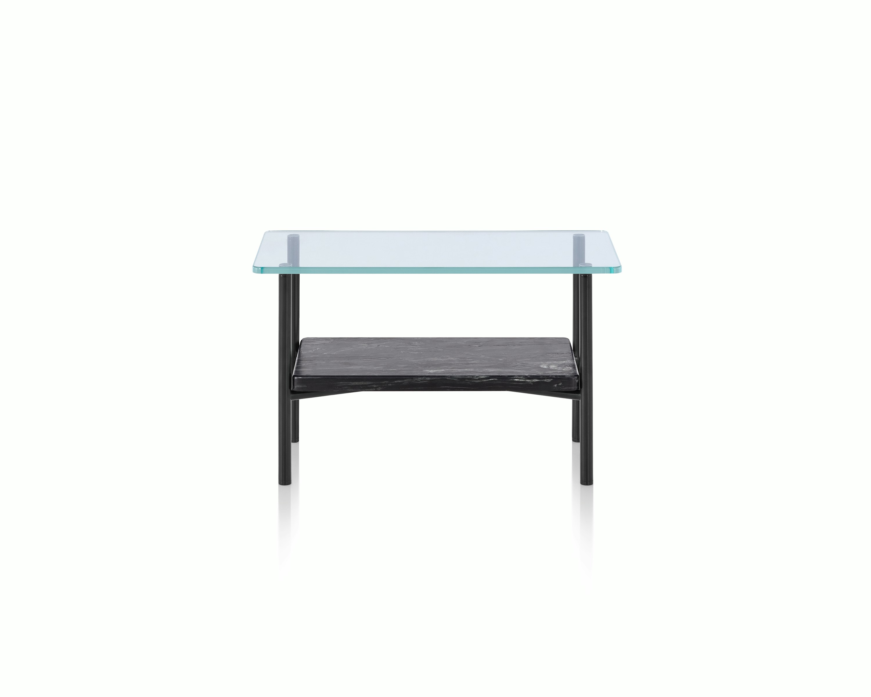 A Layer side table with a glass top and black marble lower shelf, viewed from the front.