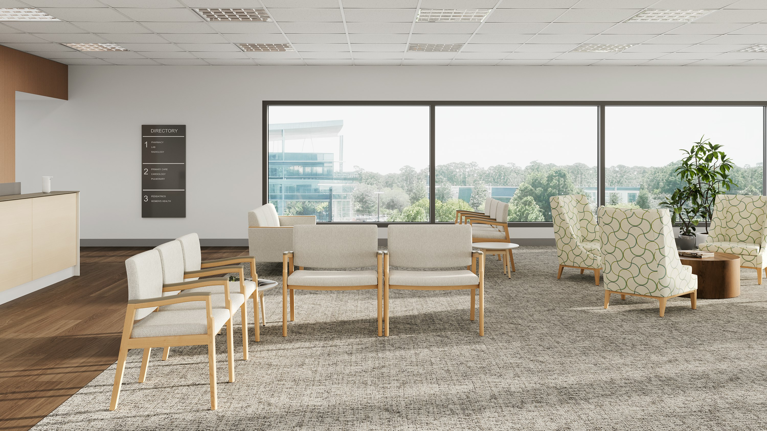 Waiting room in doctor suite with Monarch Chairs and Iris Chairs