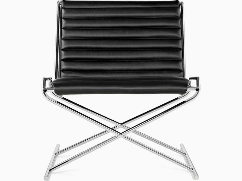 A Sled Chair with black leather upholstery and an X-shaped steel base, viewed from the front.