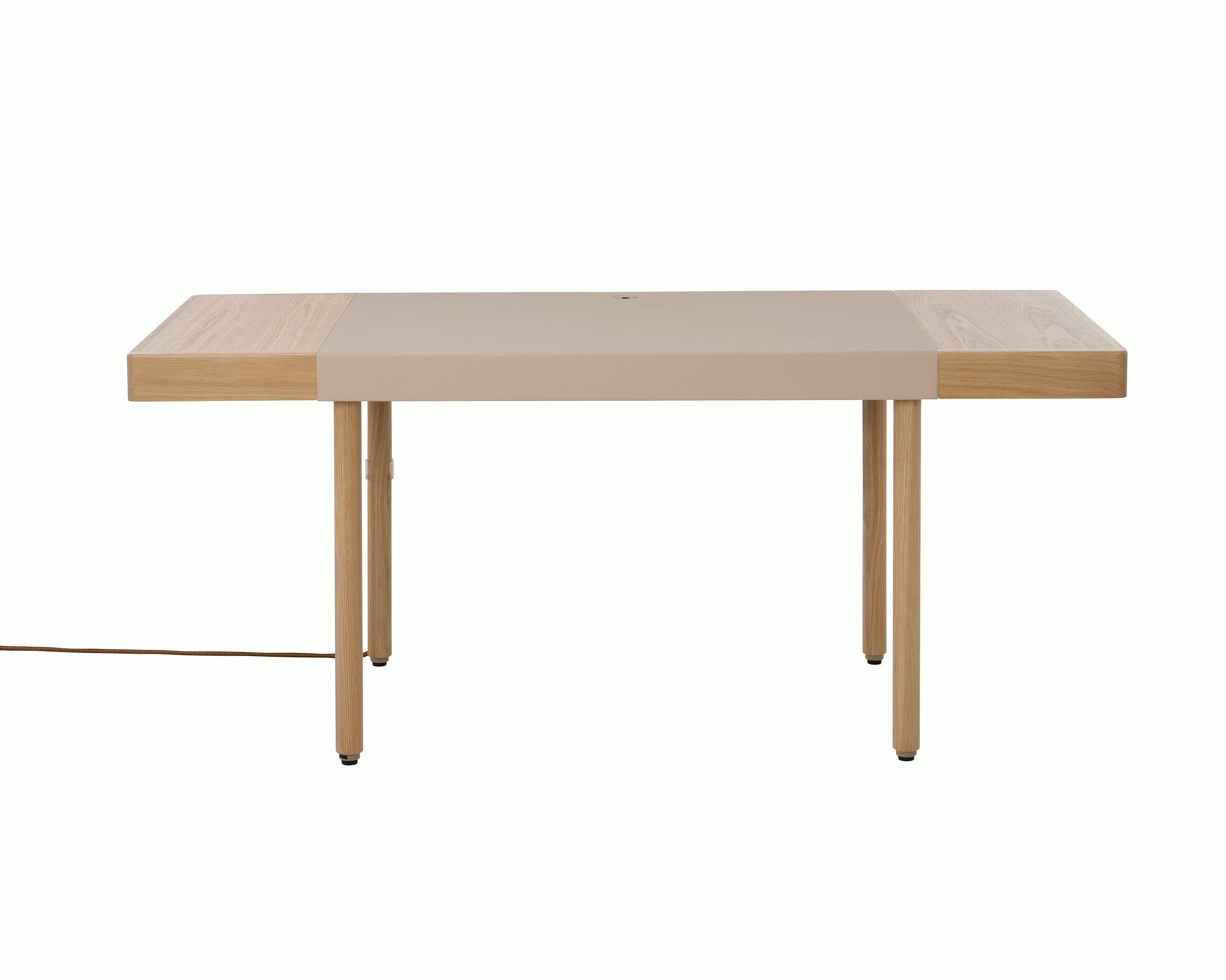 New Canaan Leatherwrap Sit-to-Stand Desk in Oak and Champagne Leather, two drawers, with cord, front view.