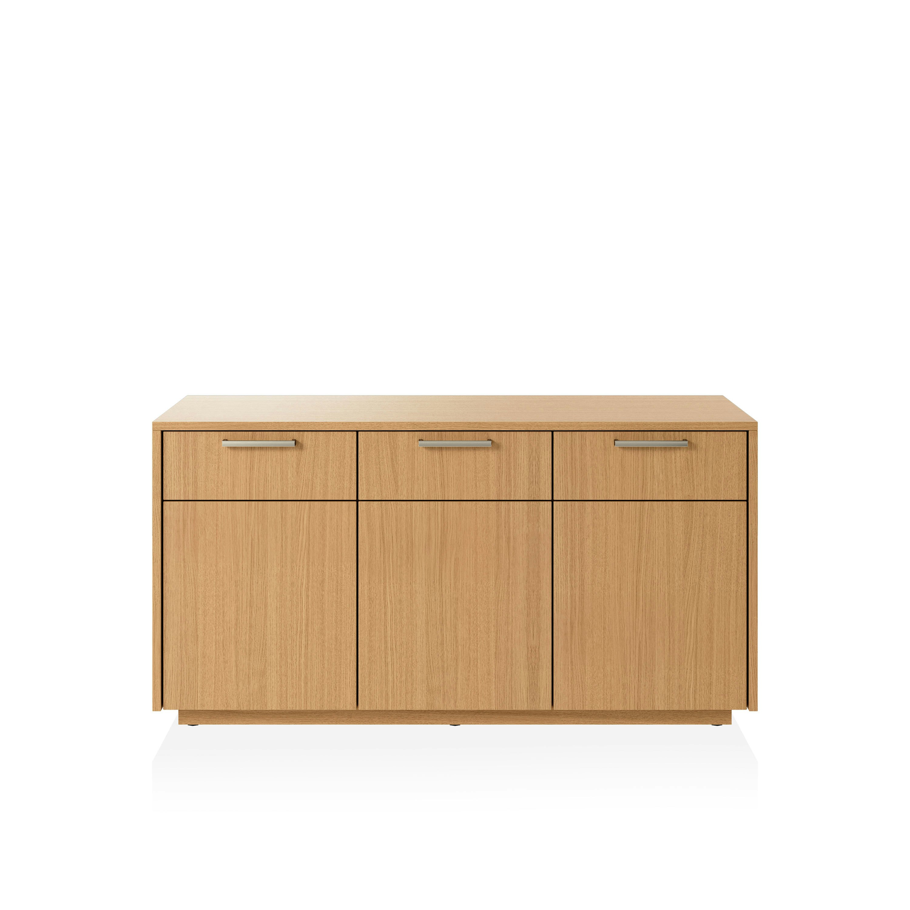 JD Credenza in Natural Rift Cut Oak with Satin Nickel drawer pulls viewed from the front.