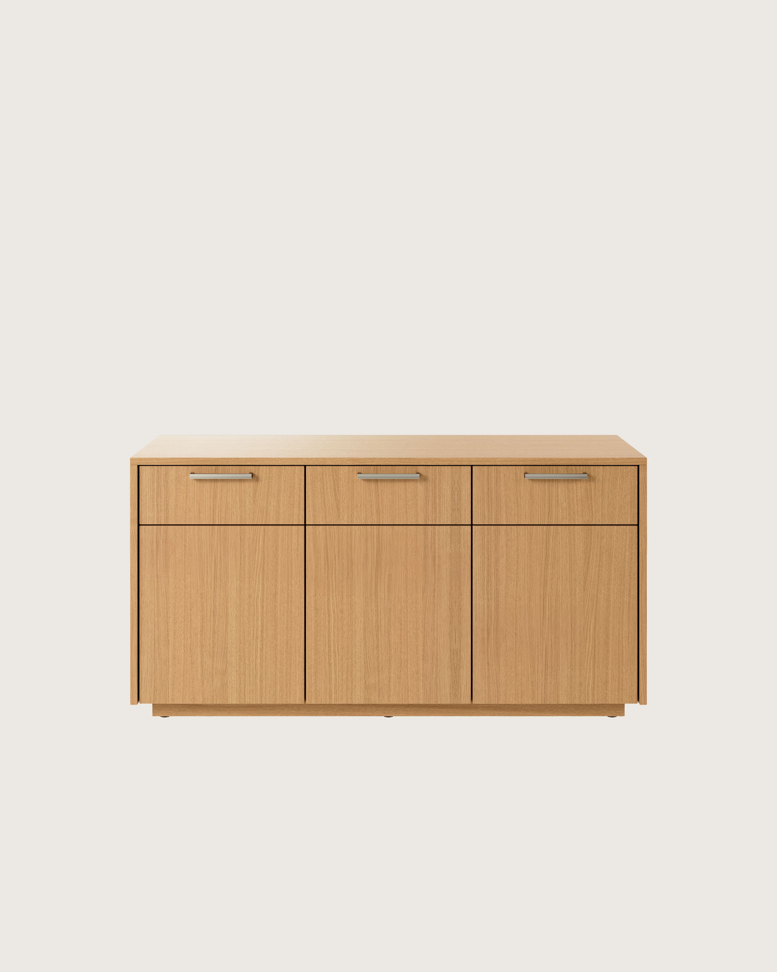 JD Credenza in Natural Rift Cut Oak with Satin Nickel drawer pulls viewed from the front.
