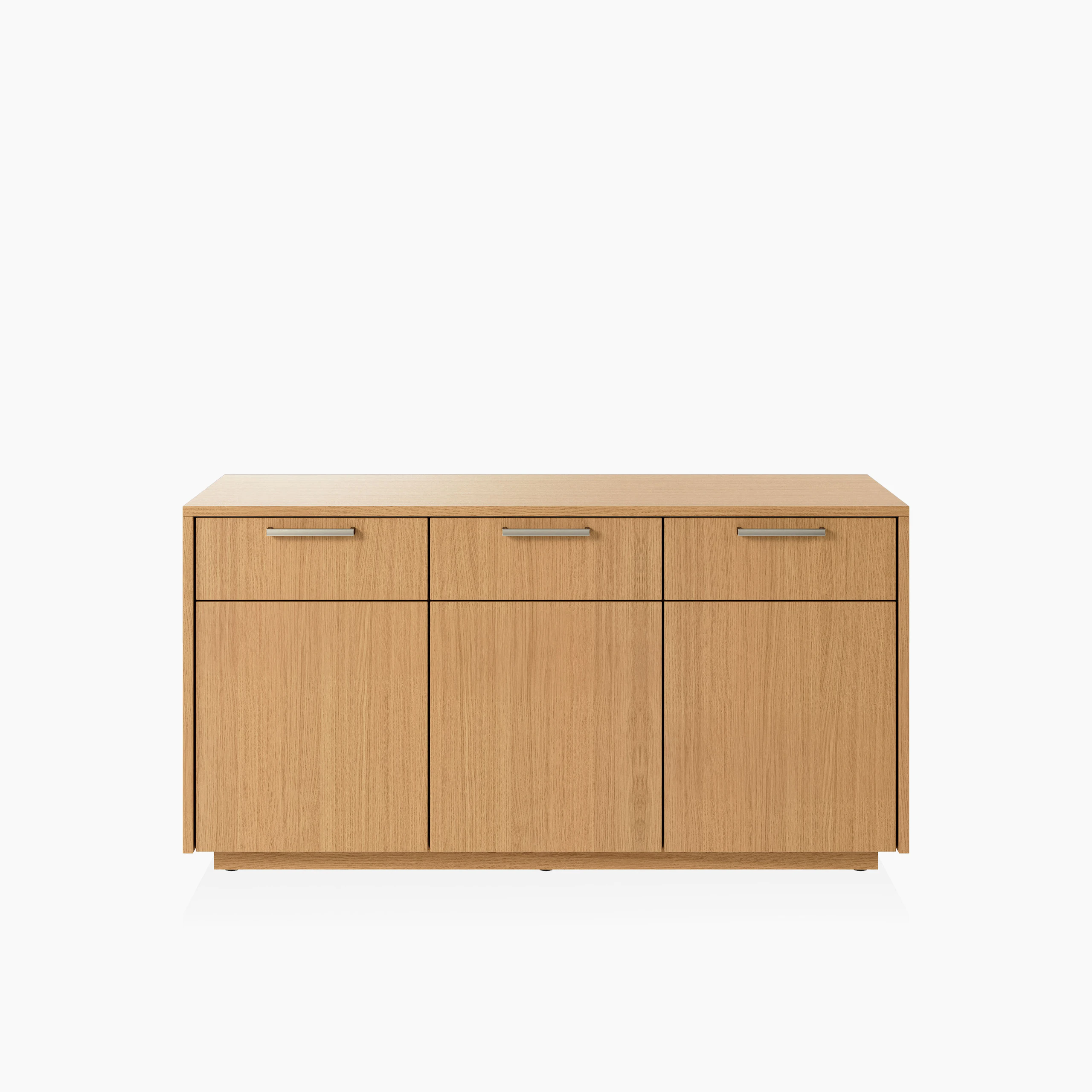 JD Credenza in Natural Rift Cut Oak with Satin Nickel drawer pulls viewed from the front.