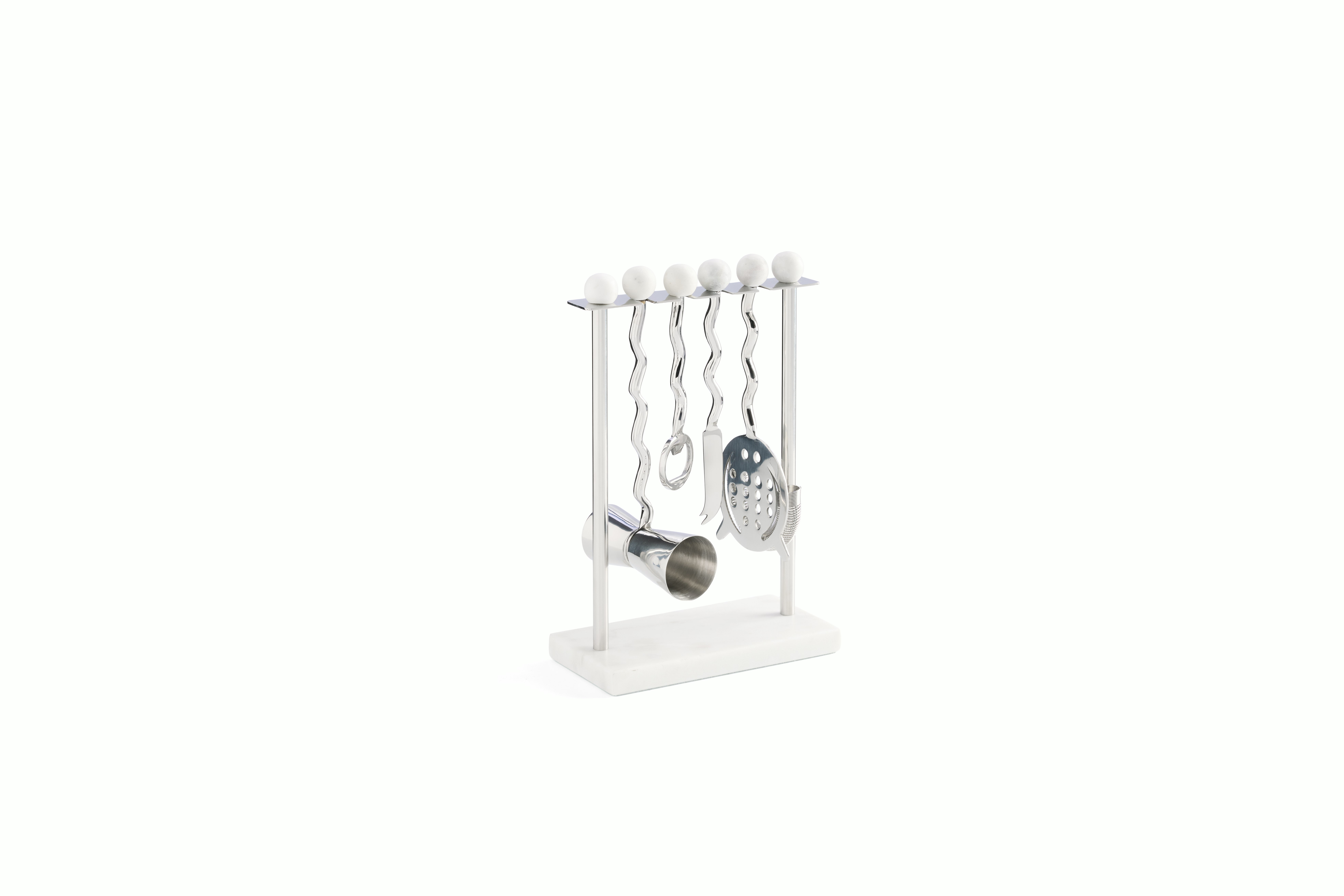 A June Bar Set in Stainless Steel / Marble viewed from an angle.
