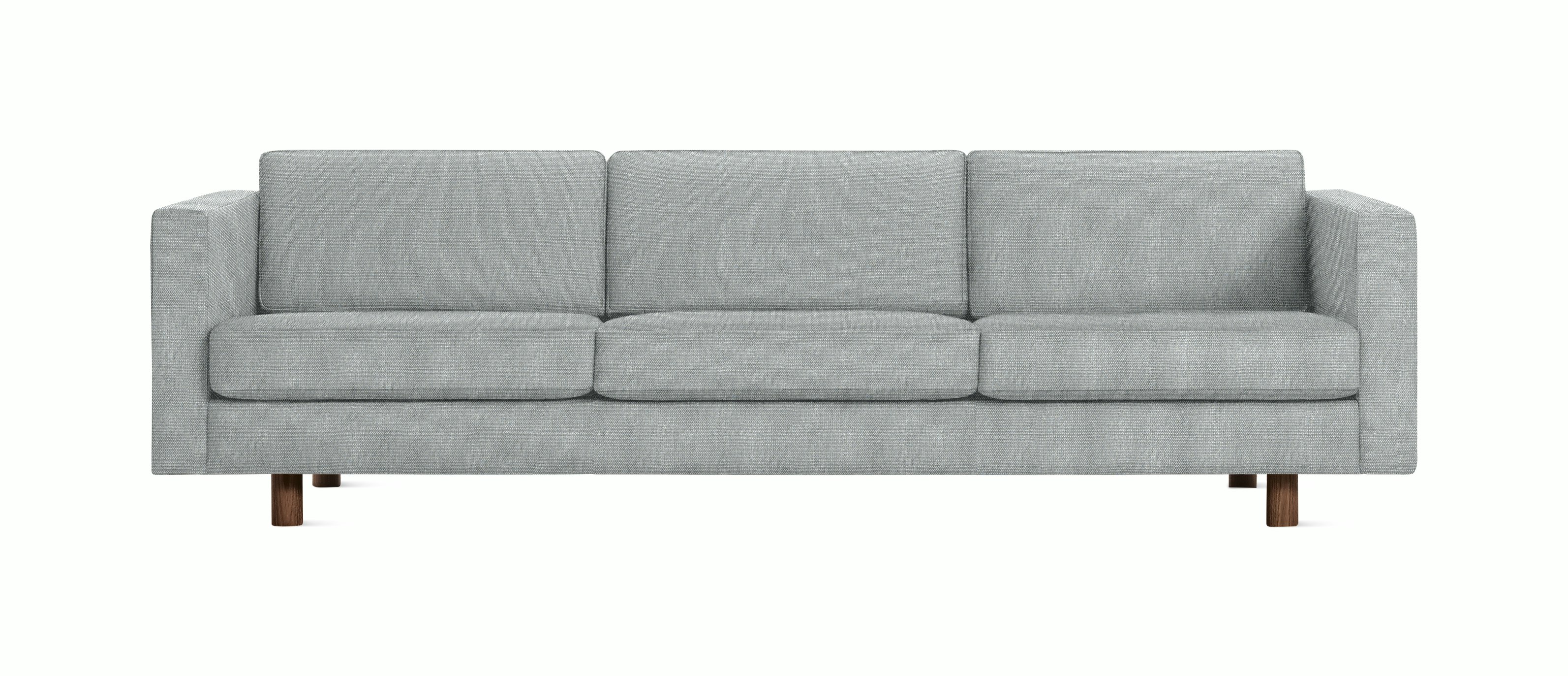 A Lispenard Sofa in Powder with Walnut finish viewed from the front.