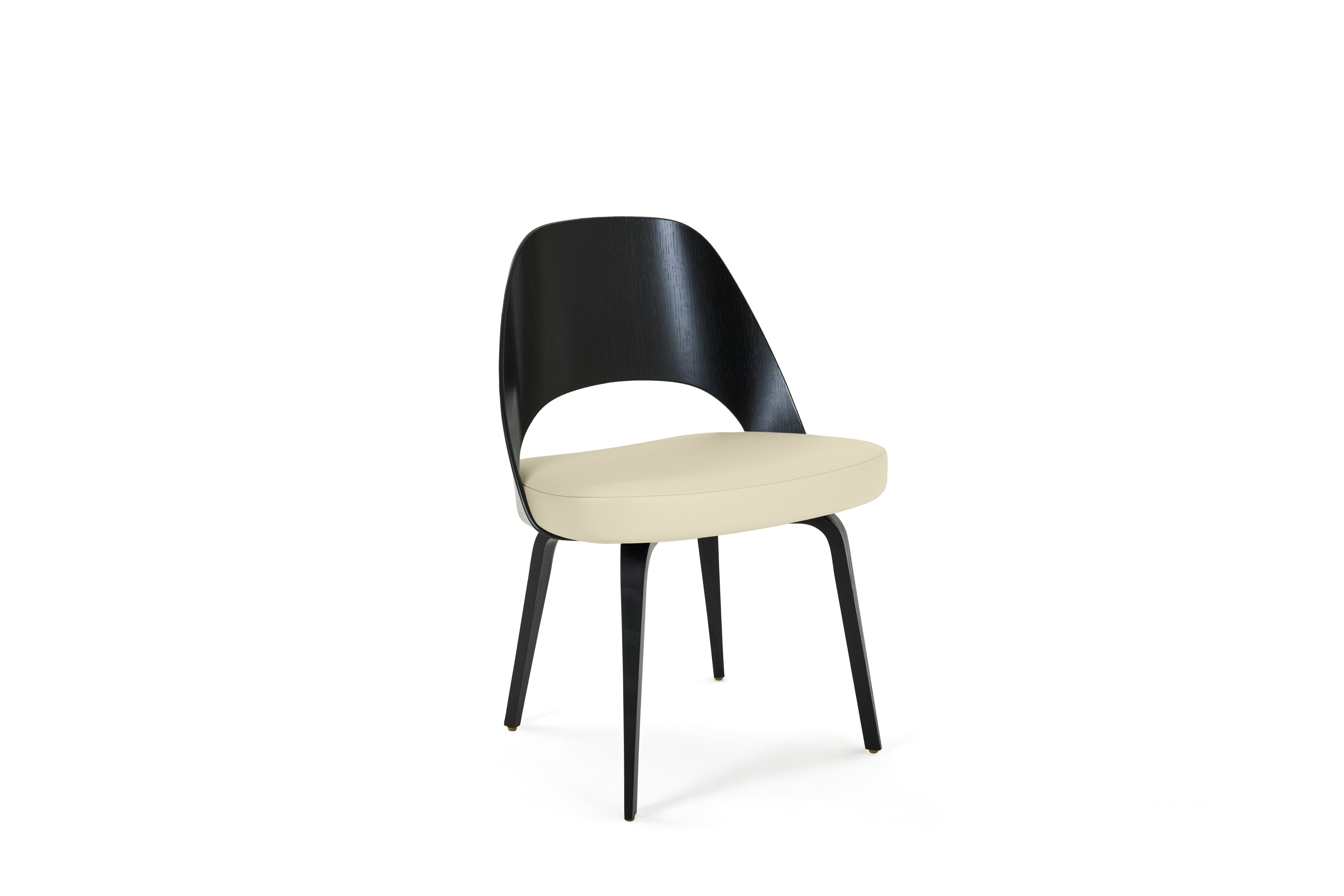 A Saarinen Executive Veneer Back Side Chair in acqua leather ivory ebonized walnut viewed from an angle.