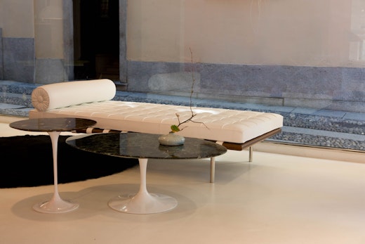 Barcelona Couch, Saarinen Side and Coffee Table