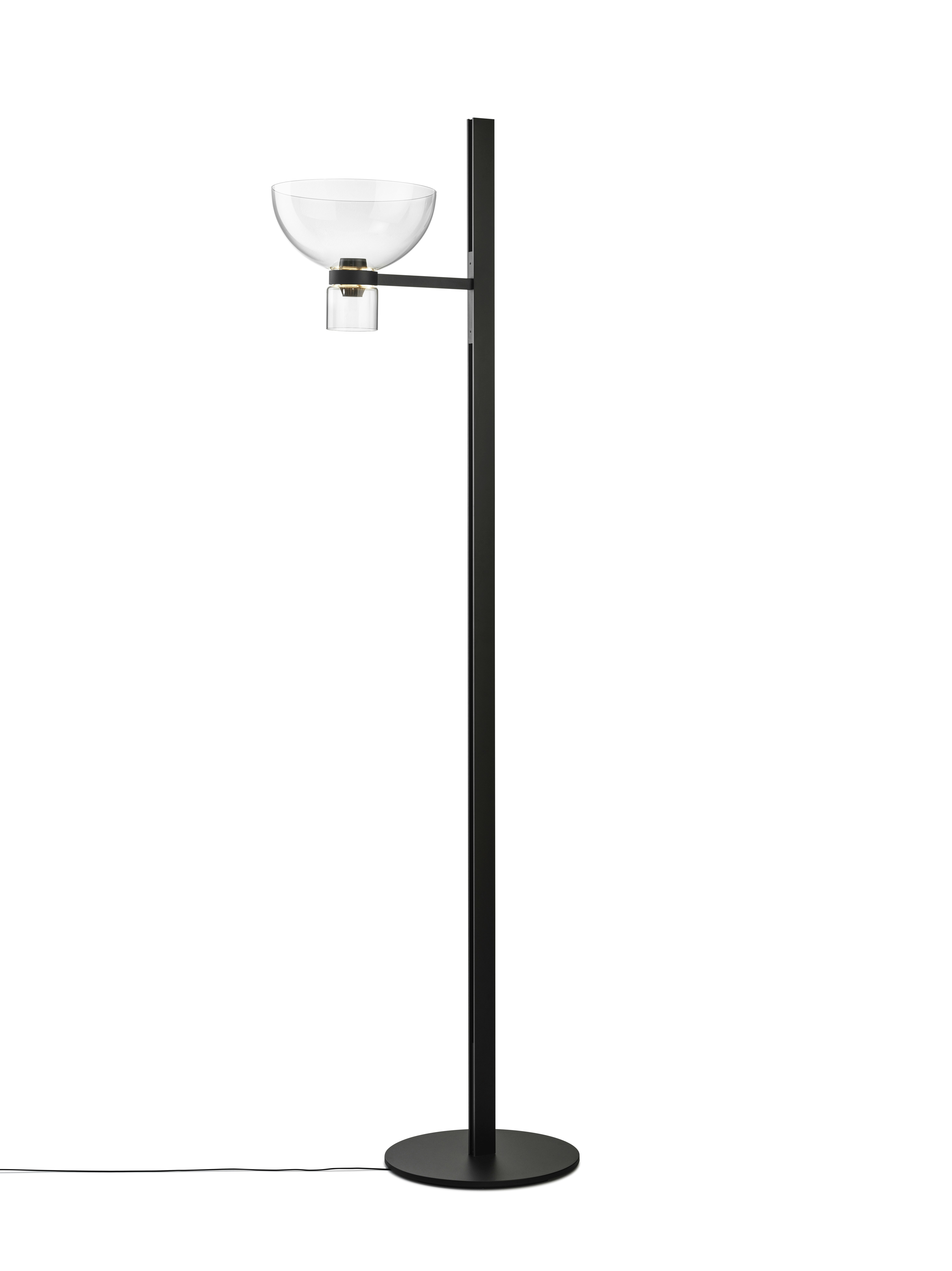 A Nocturne Floor Lamp in F1 Bowl, Black viewed from behind.