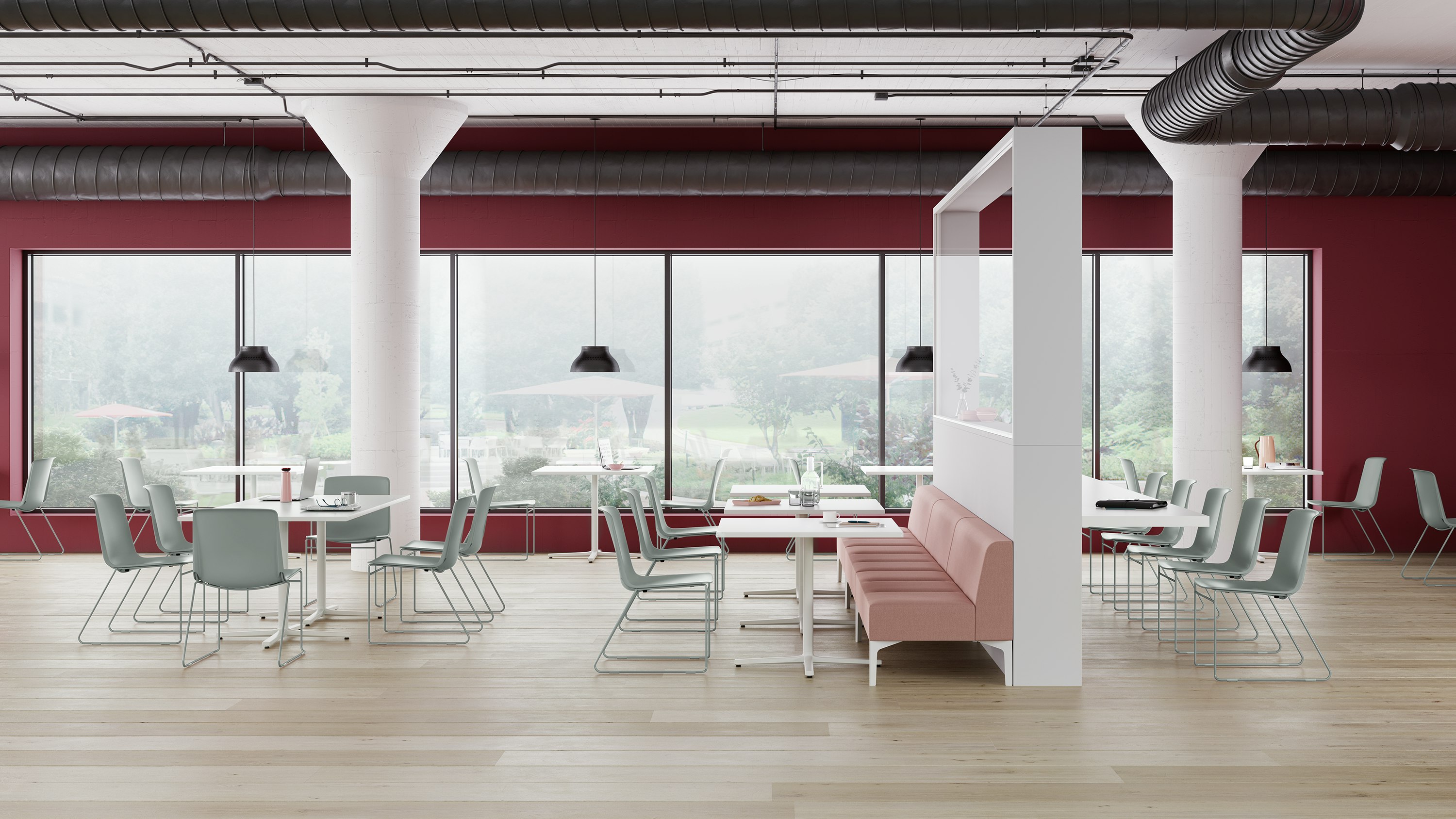A Café space with glacier blue Pronta Stacking Chairs, white Everywhere Tables, and pink Hatch Modular Seating.