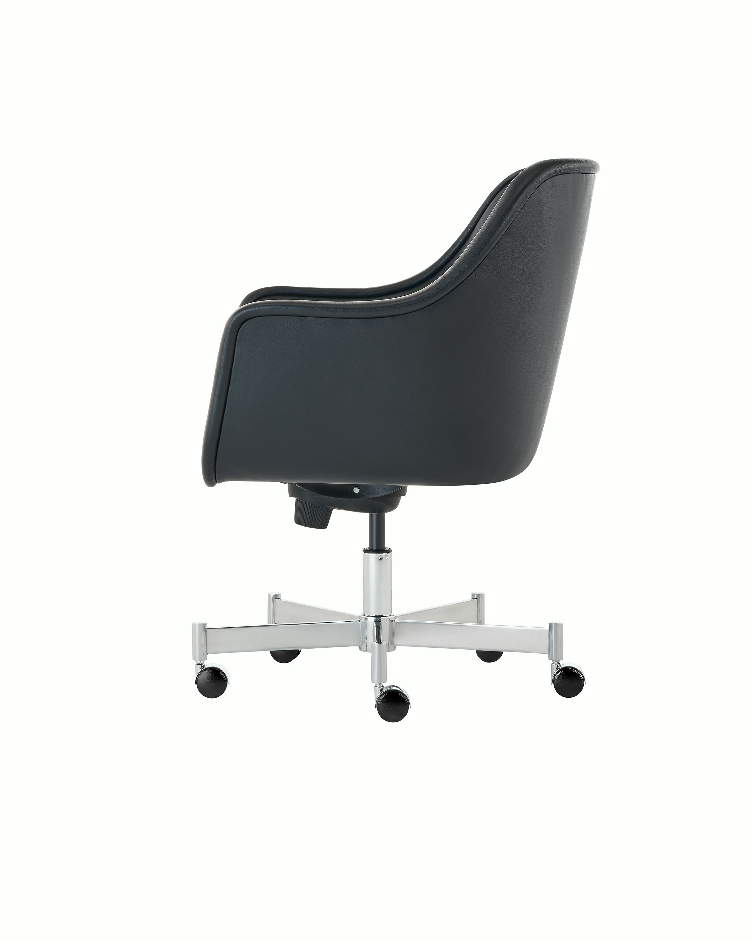 Bumper Chair with standard arms and five star base with casters, side view.