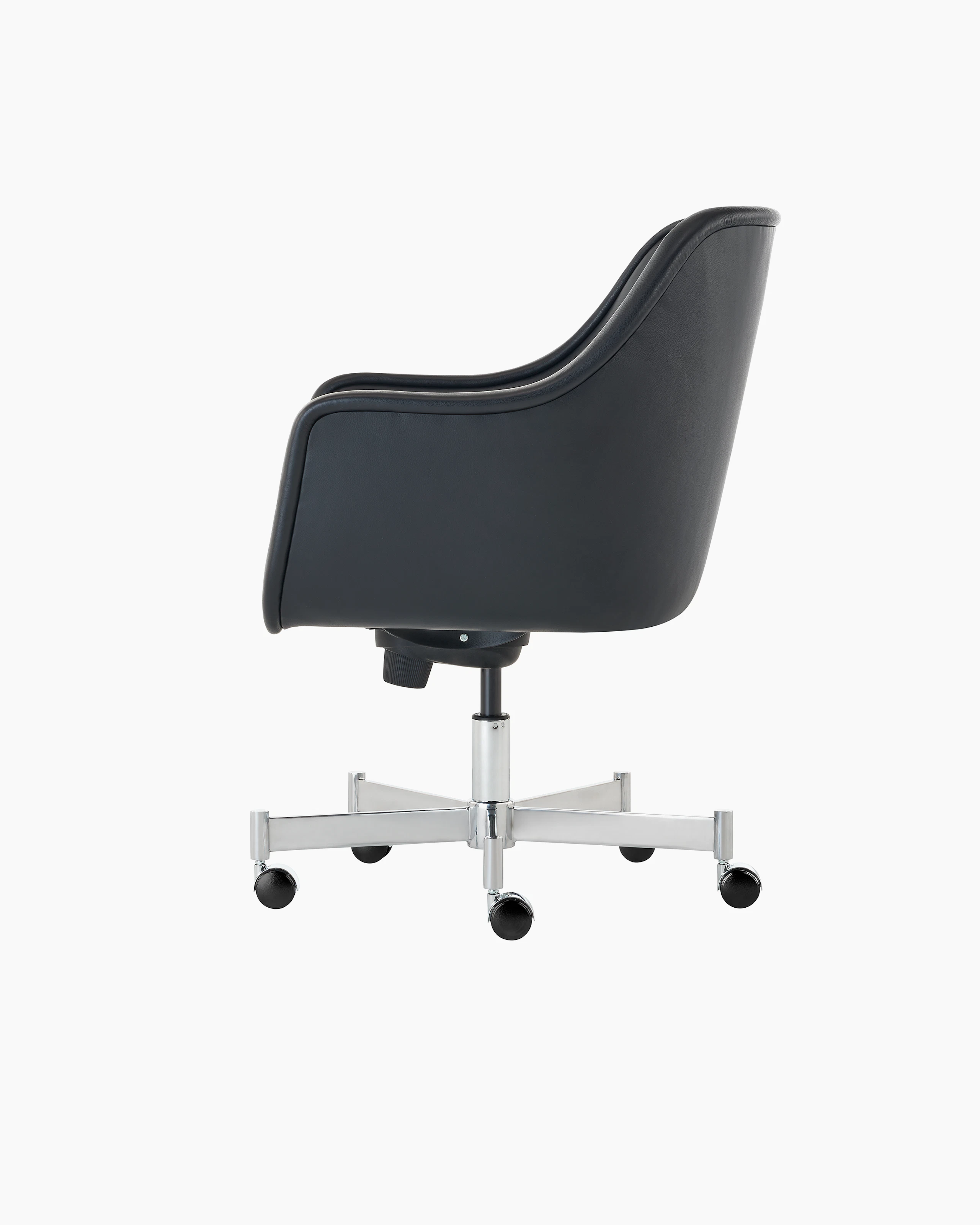 Bumper Chair with standard arms and five star base with casters, side view.