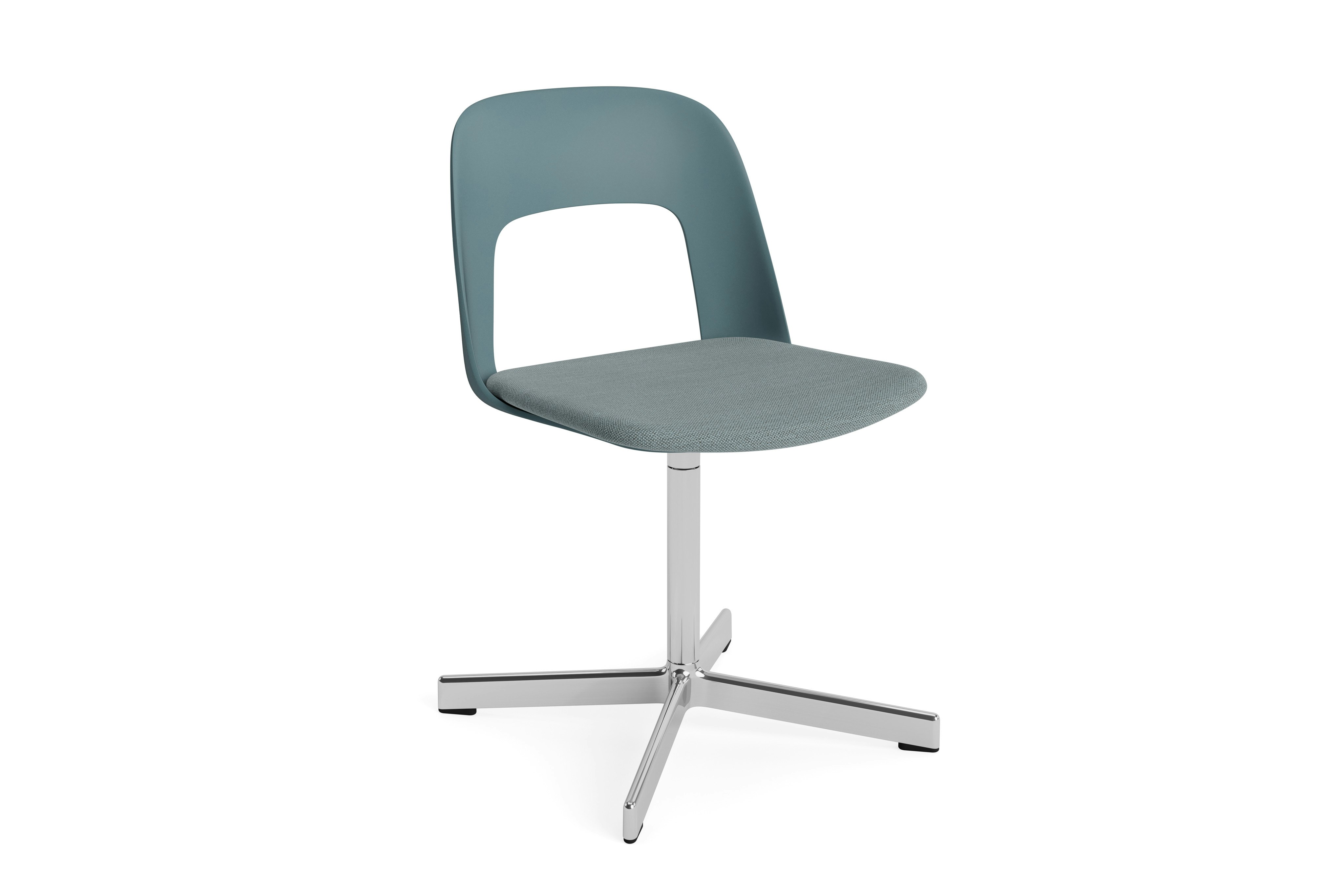 Layout Chair blue polypropylene arm shell with matching blue upholstered seat on polished aluminum 4-star base, front angled view