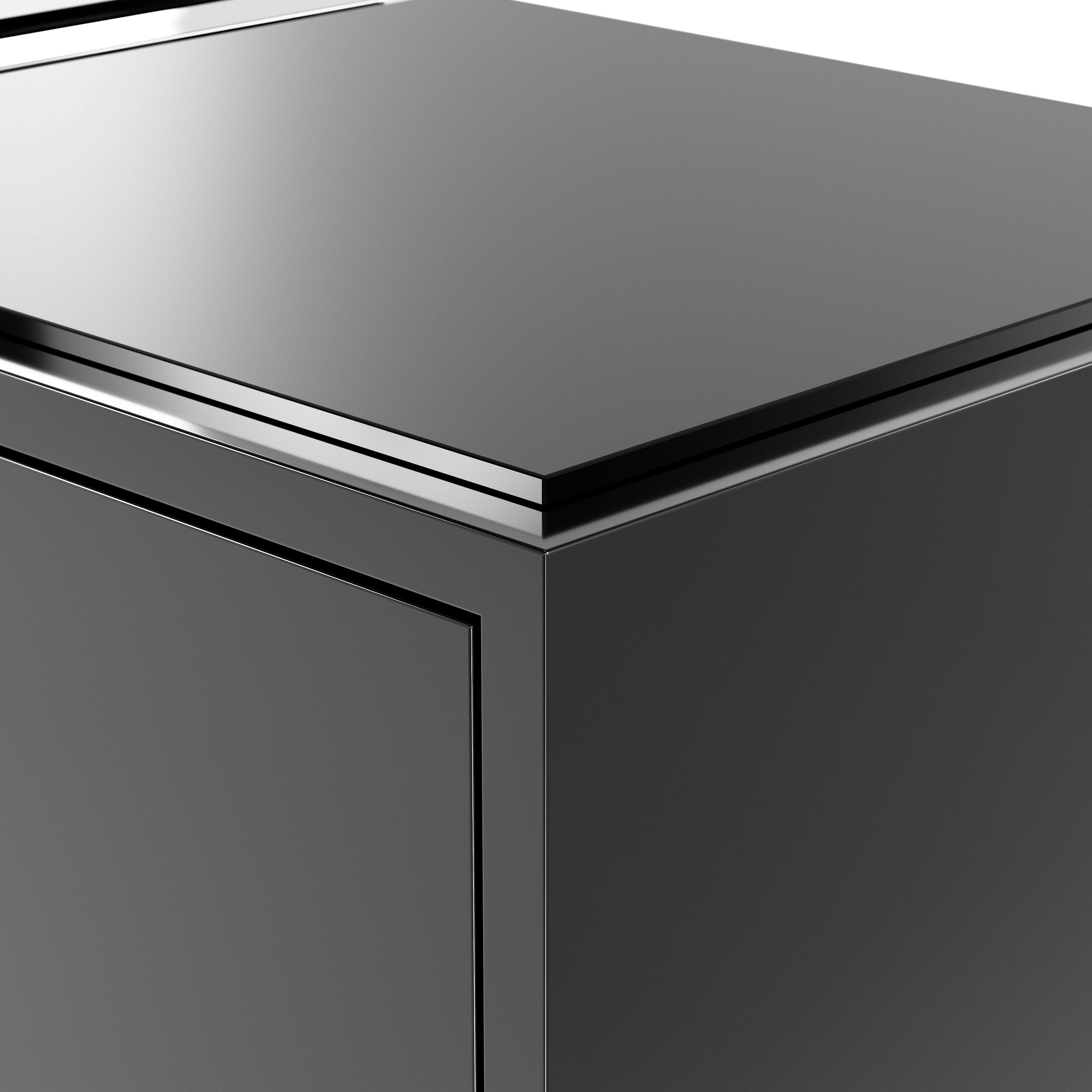 Edge detail shot of Highline Credenza in Black Polyester with Clear Black Backpainted Glass top.