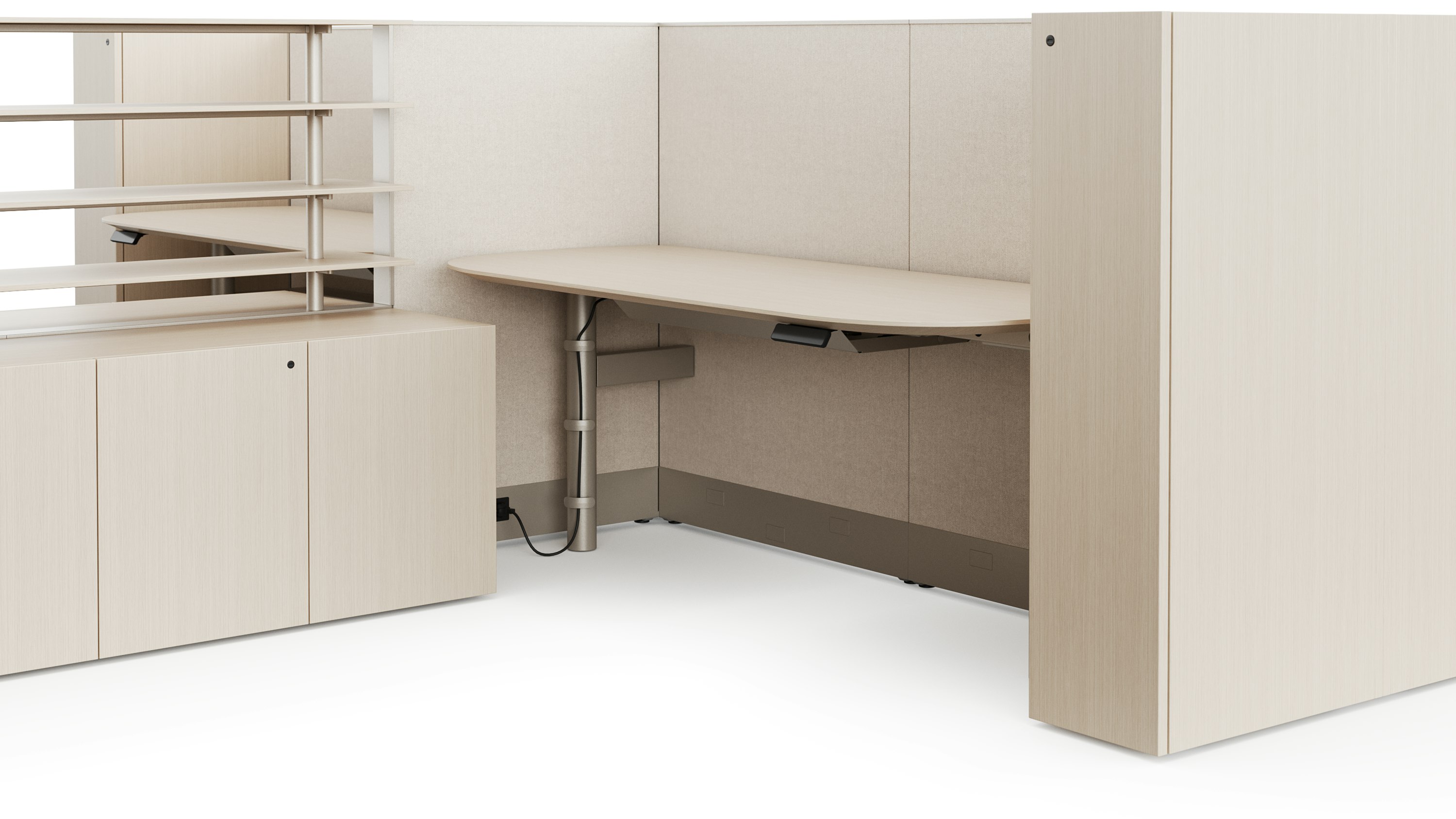 A white sweep rendering viewed from an angle of a light colored height adjustable table with floor standing panels surrounding two sides off of the table.