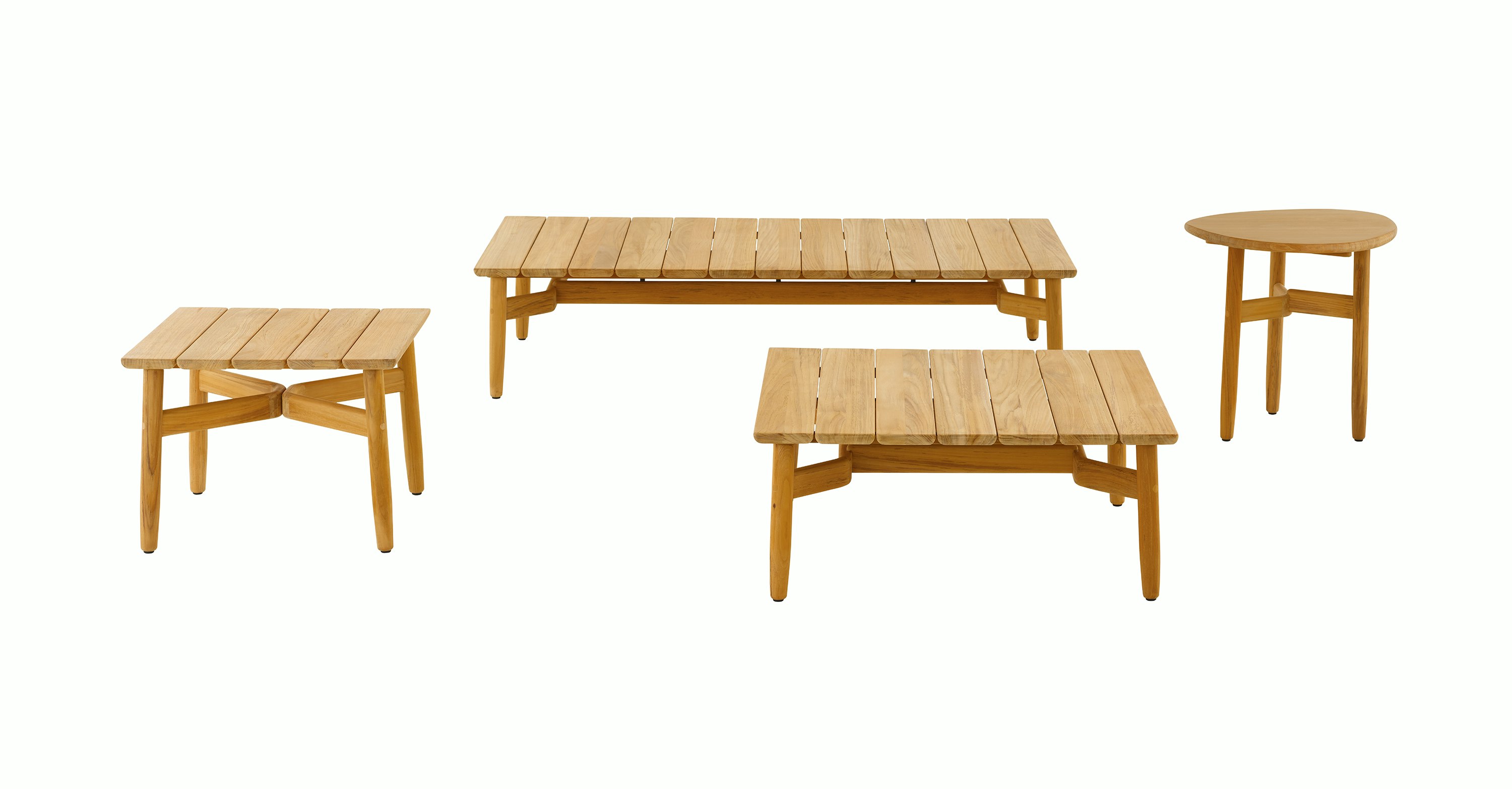 Crosshatch Outdoor Occasional Tables with Rectangle and Square coffee tables and Square and Trilobe side tables.