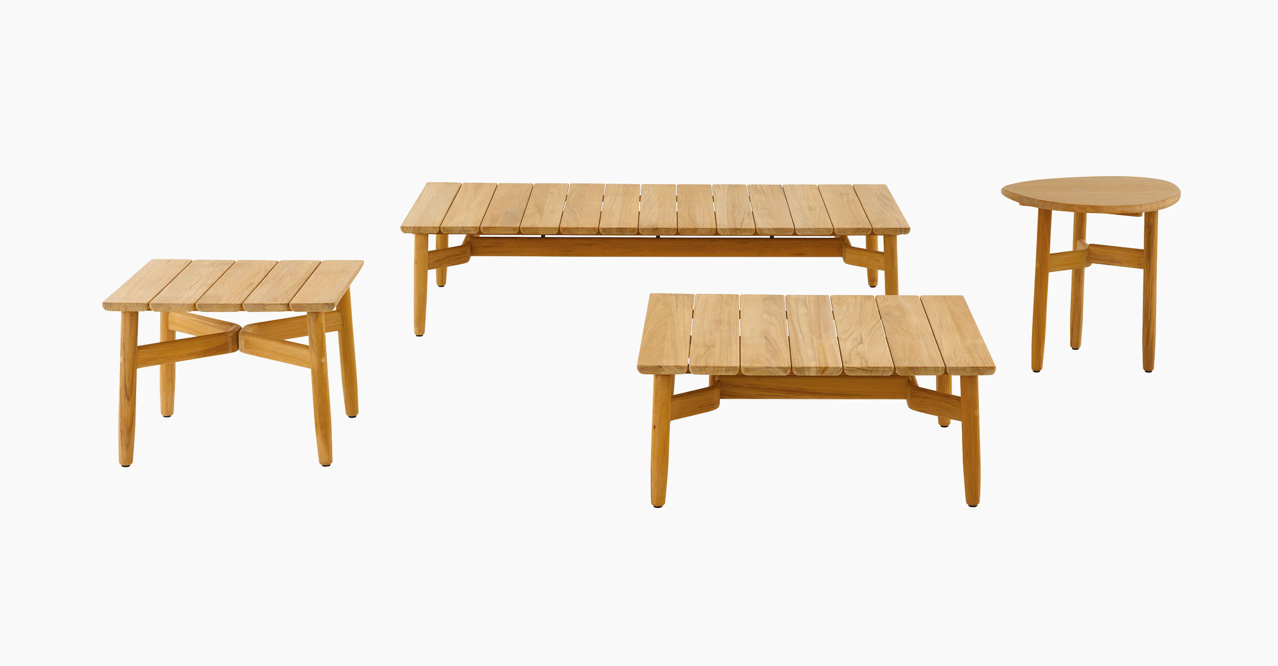 Crosshatch Outdoor Occasional Tables with Rectangle and Square coffee tables and Square and Trilobe side tables.