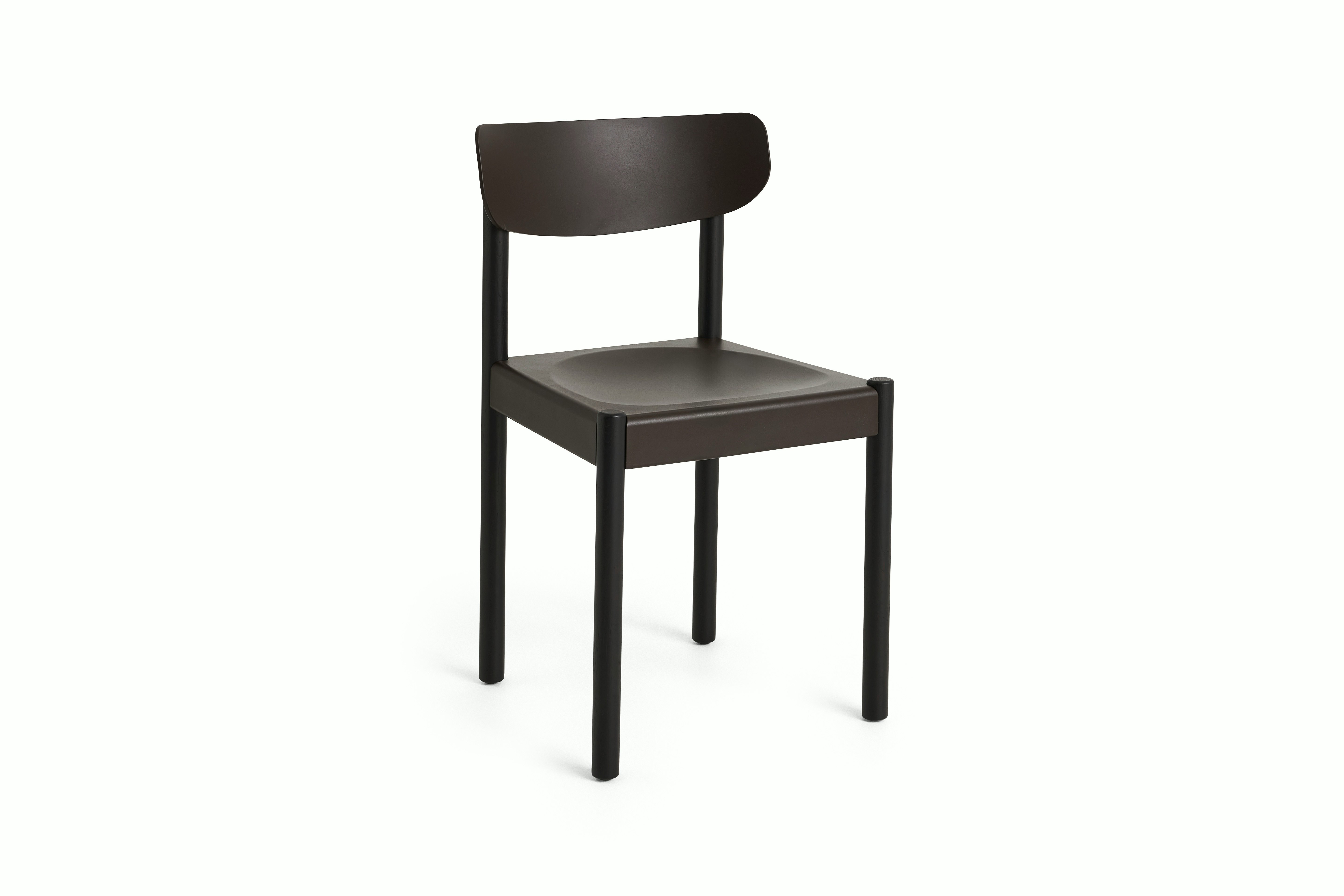 Pack Side Chair with brown seat and back on black oak legs, angled view