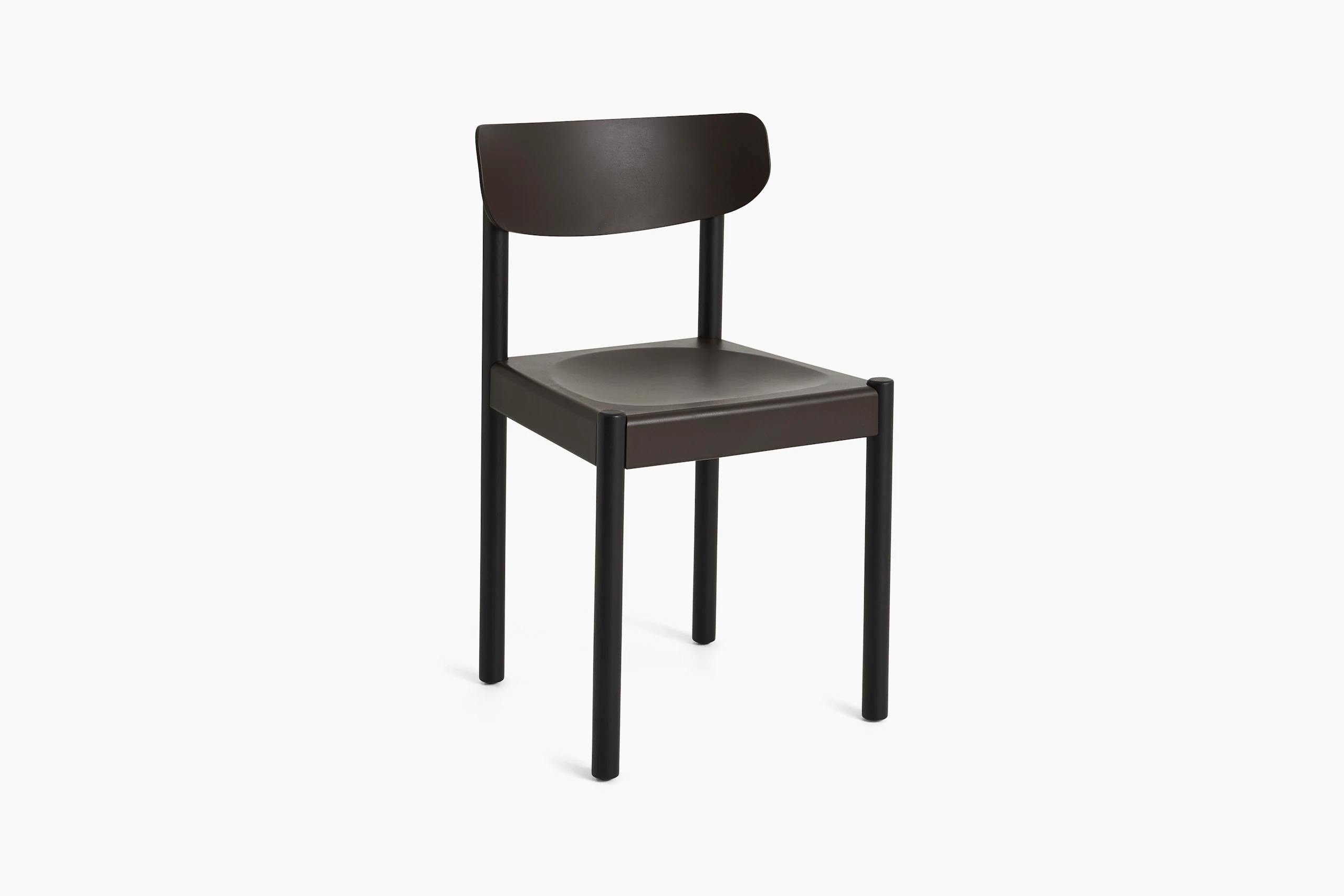 Pack Side Chair with brown seat and back on black oak legs, angled view