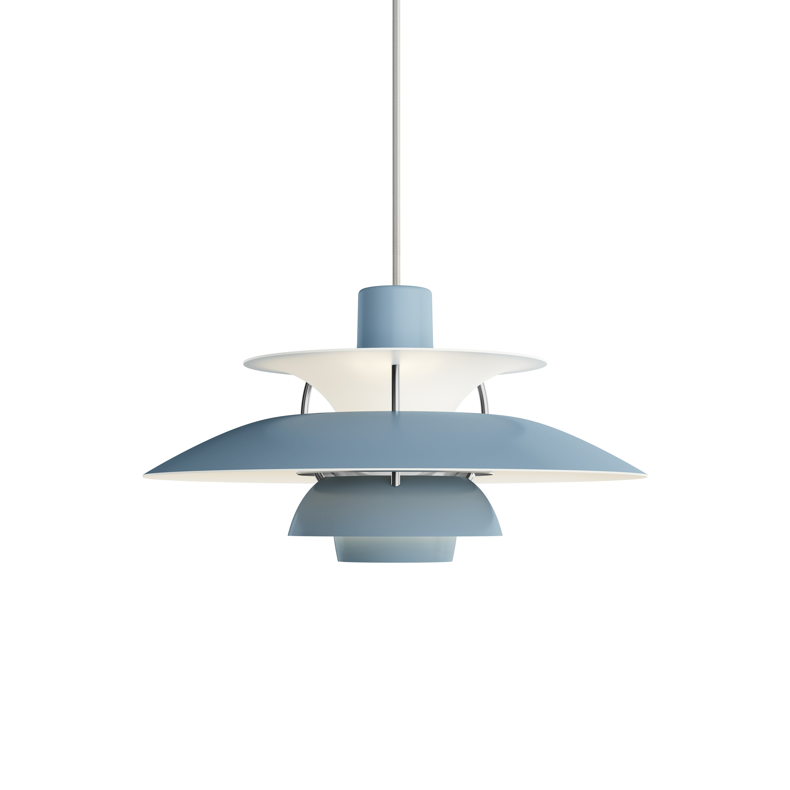 A PH5 Pendant Lamp in Mini, Smokey Blue / Chrome viewed from the front.