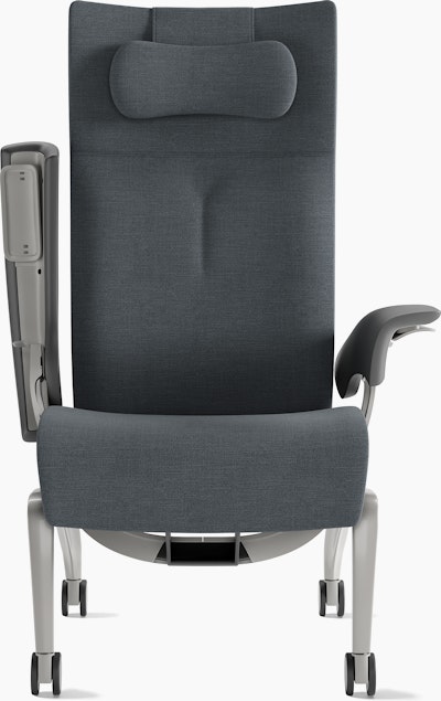 Nala Patient Chair, front, grey blue, arm up