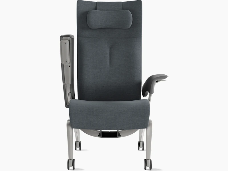 Nala Patient Chair, front, grey blue, arm up