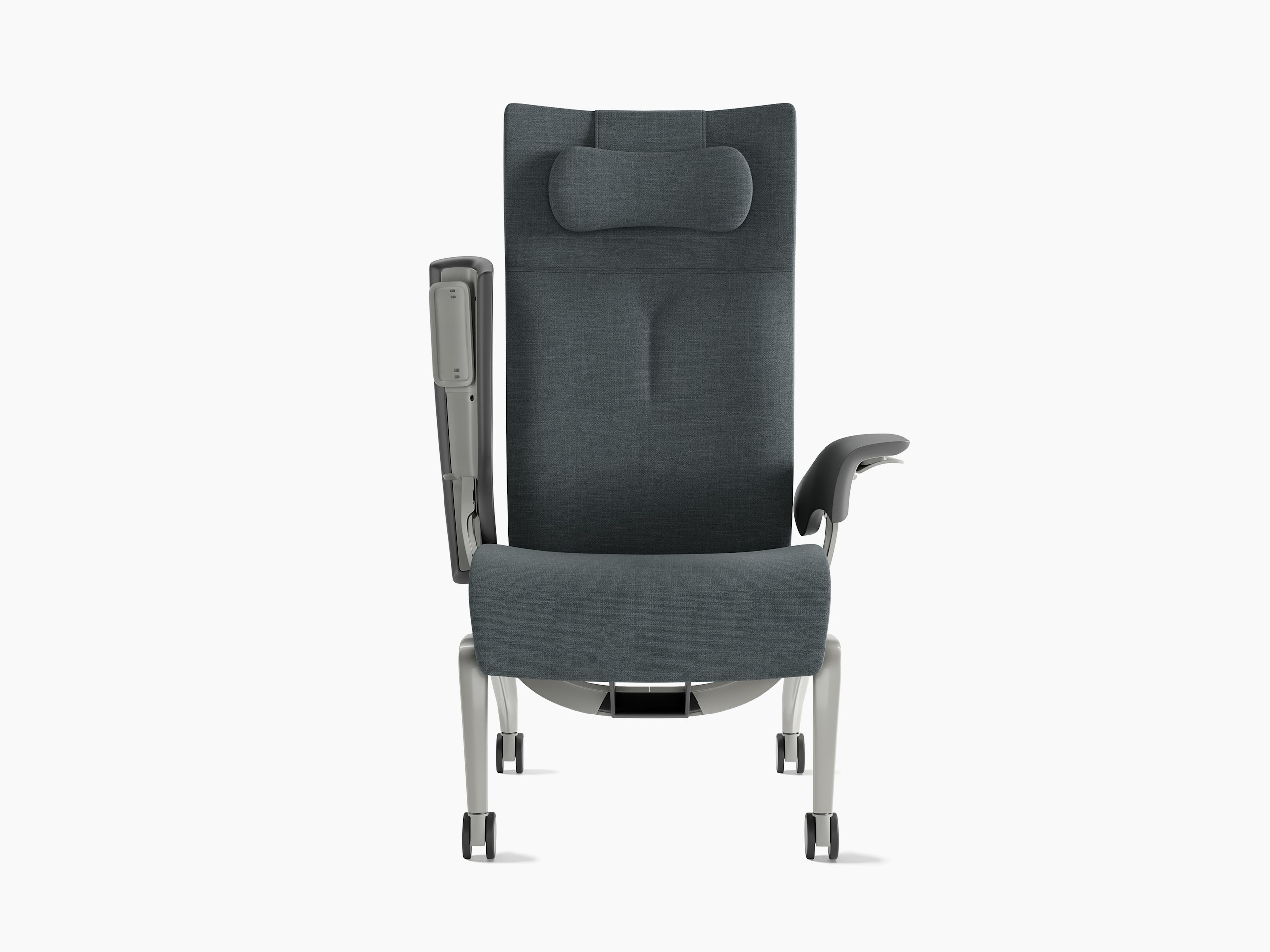 Nala Patient Chair, front, grey blue, arm up