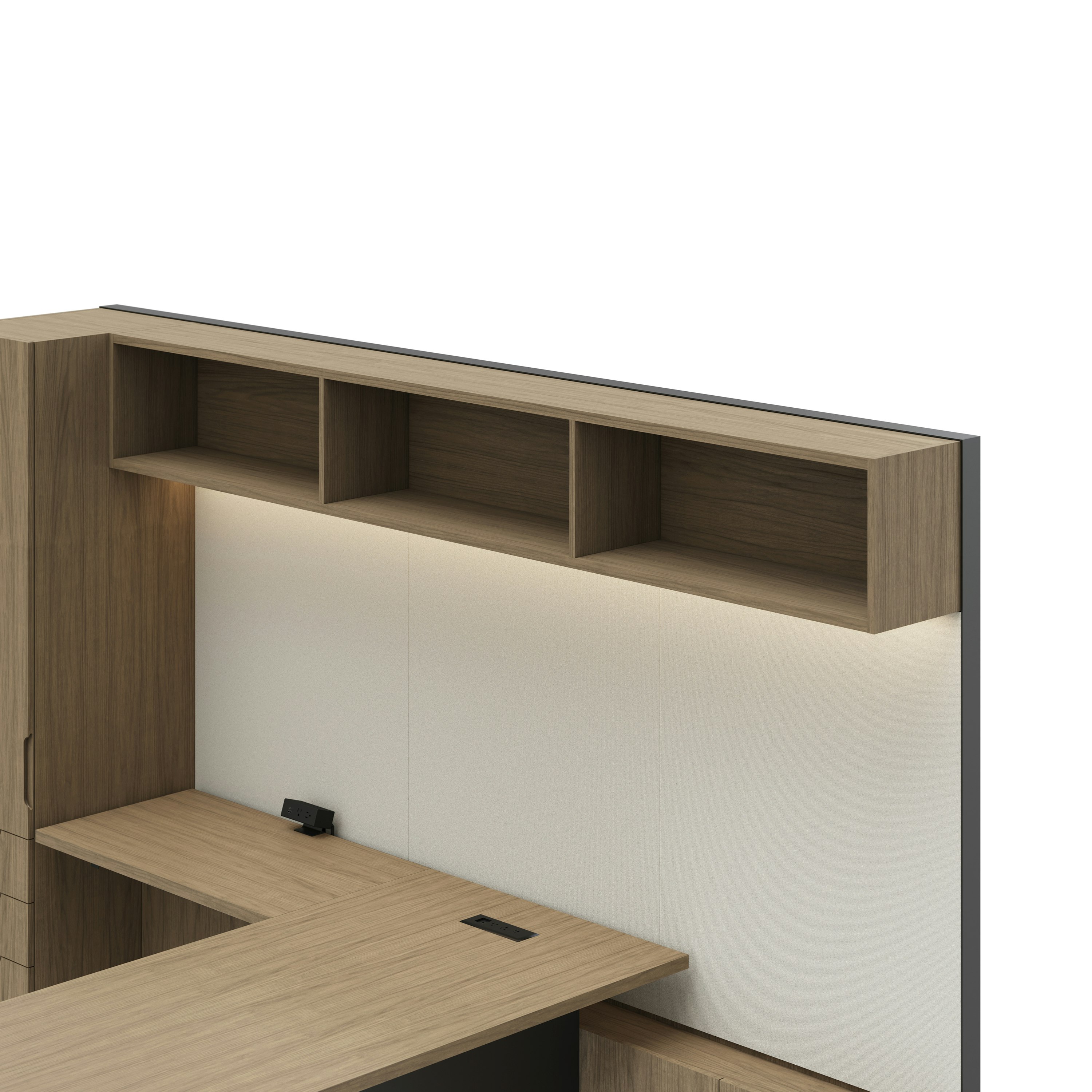 Detail shot of the Geiger One Casegoods open overhead option in a Natural Flat Cut Walnut private office viewed from an angle.