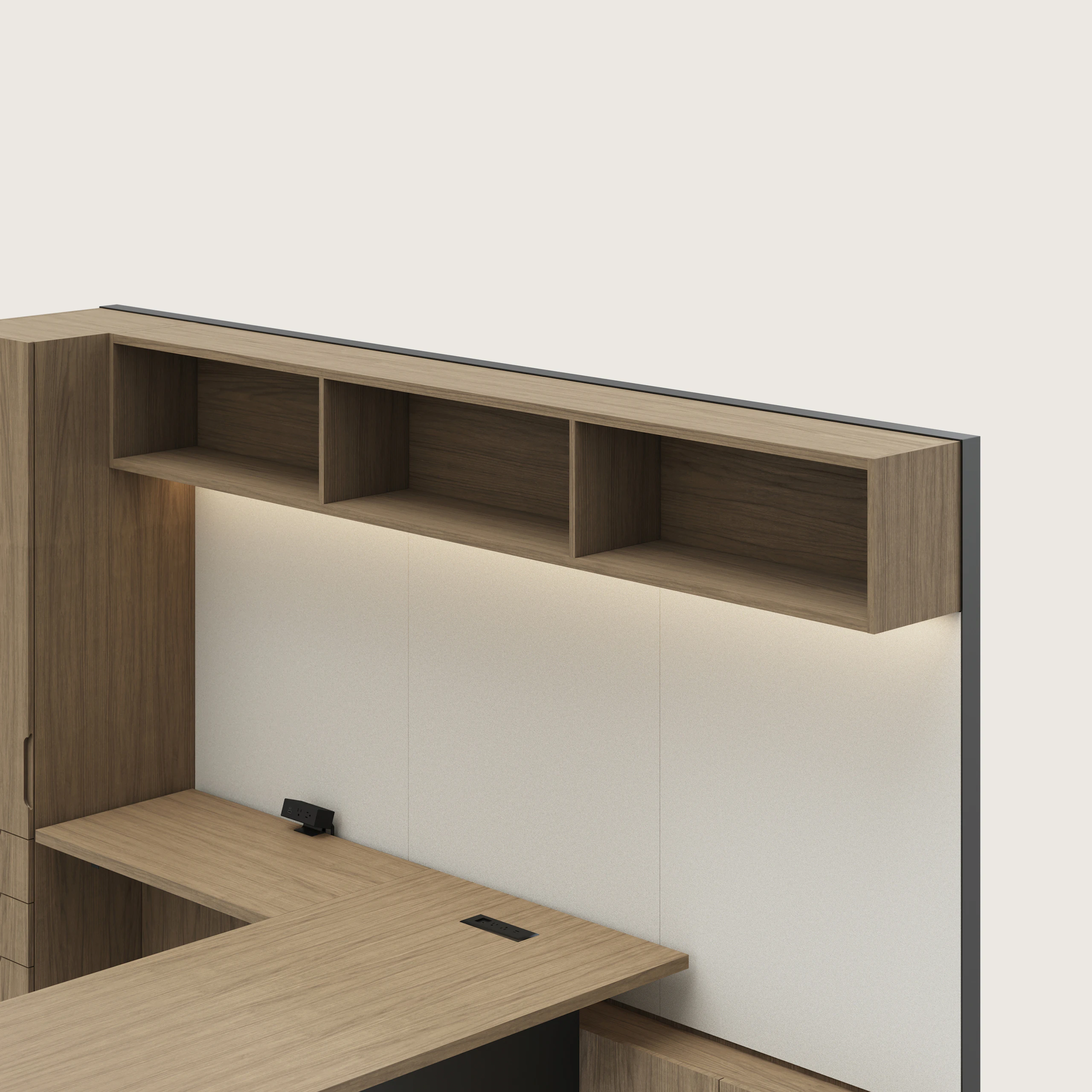 Detail shot of the Geiger One Casegoods open overhead option in a Natural Flat Cut Walnut private office viewed from an angle.