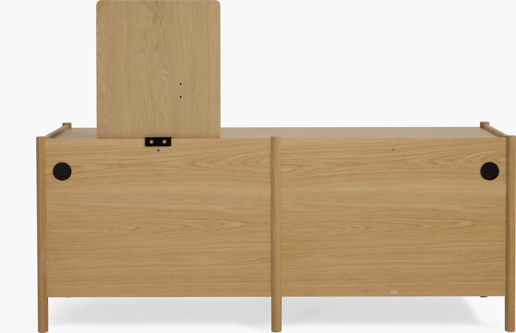 Rear-facing view of Pala dresser with mirror and black pull hardware