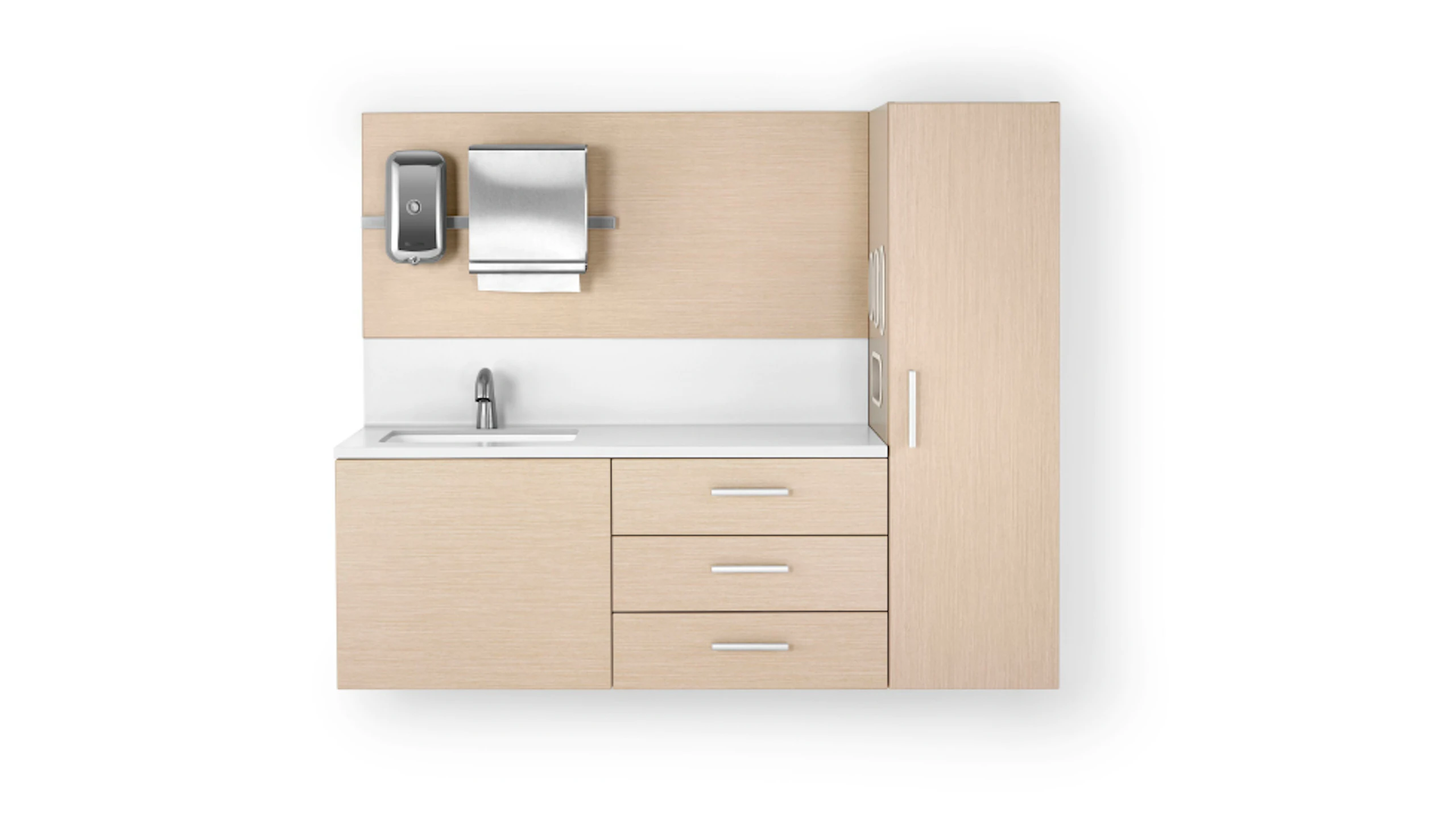 A front view of a light-wood finish Mora System by Herman Miller.