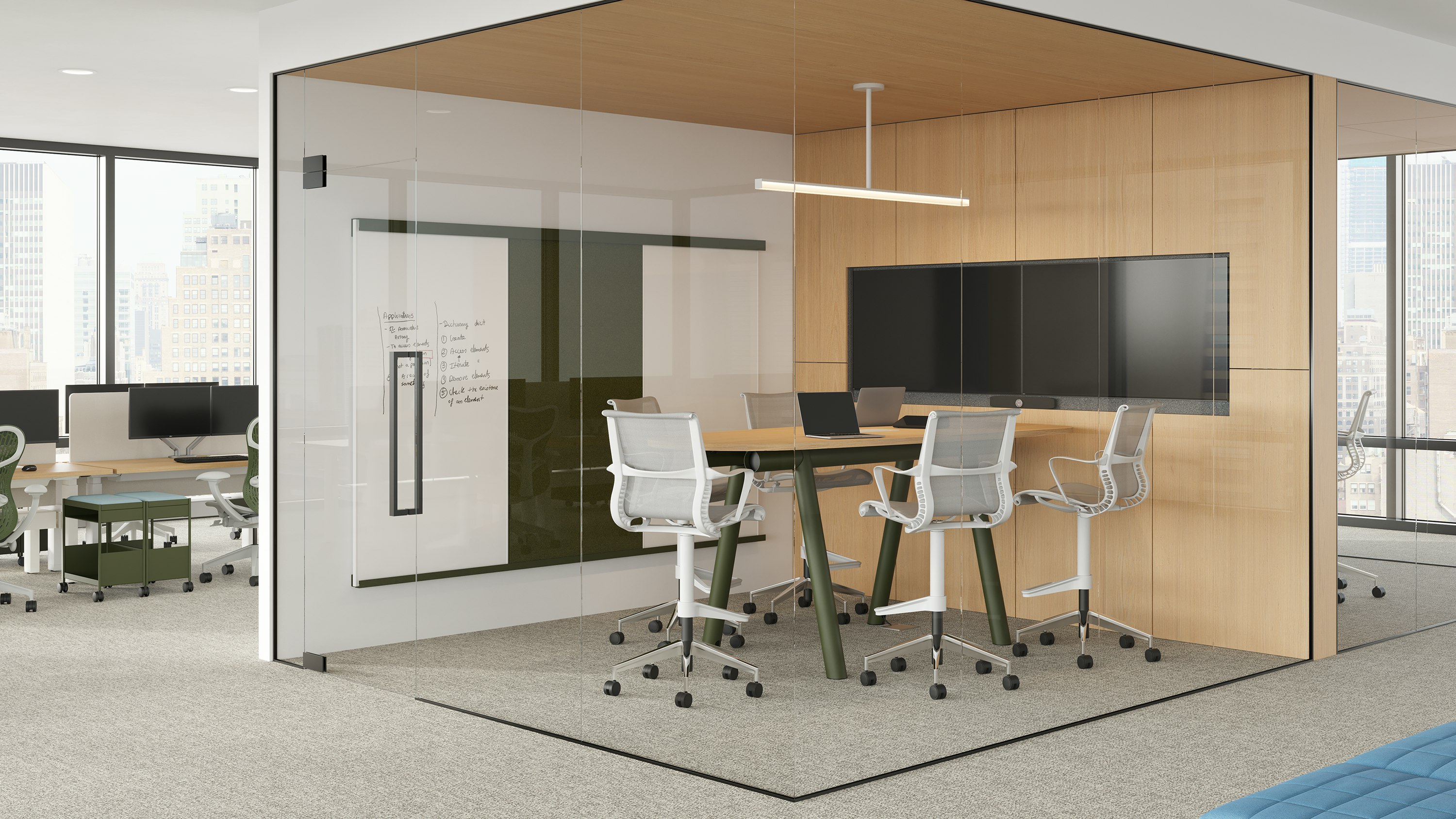 Boa Table in enclosed meeting space with teardrop, standing height table with white flat oak top and olive base.
