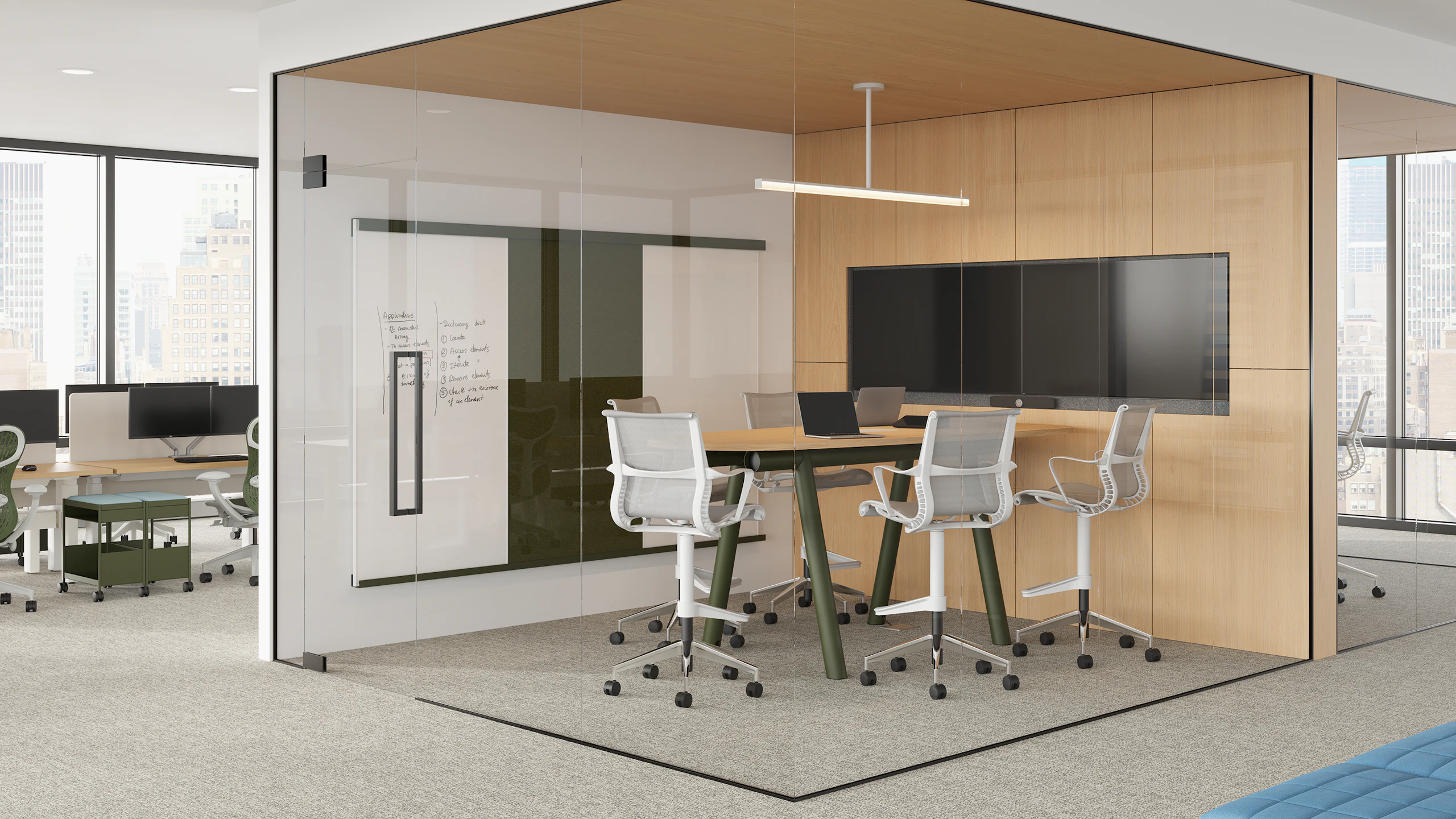 Boa Table in enclosed meeting space with teardrop, standing height table with white flat oak top and olive base.