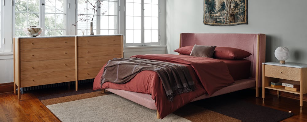Emmy Bed tall in Peony with Morrison Bedside and Dresser