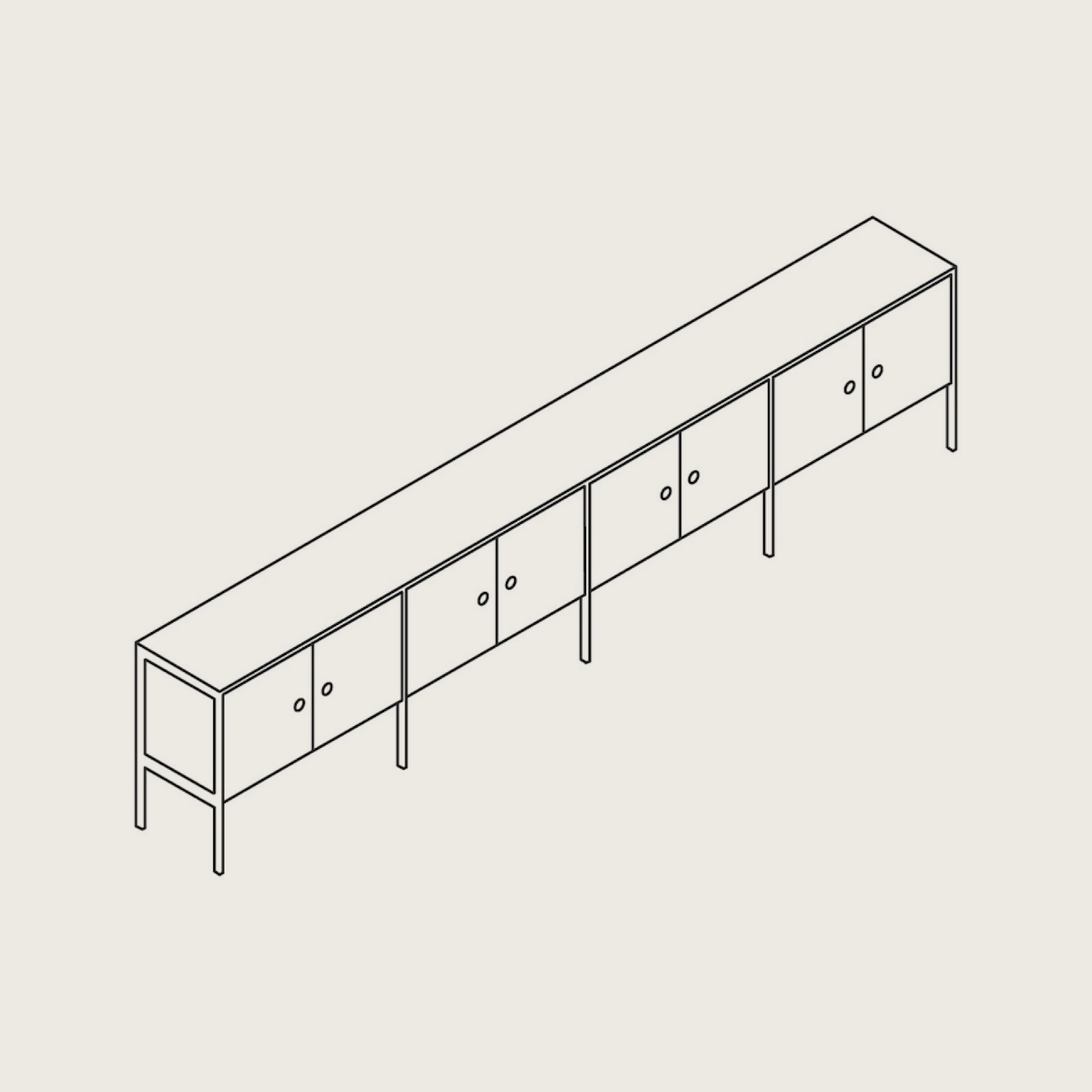 Wireframe drawing of the H Frame Credenza, 4 Units Wide
