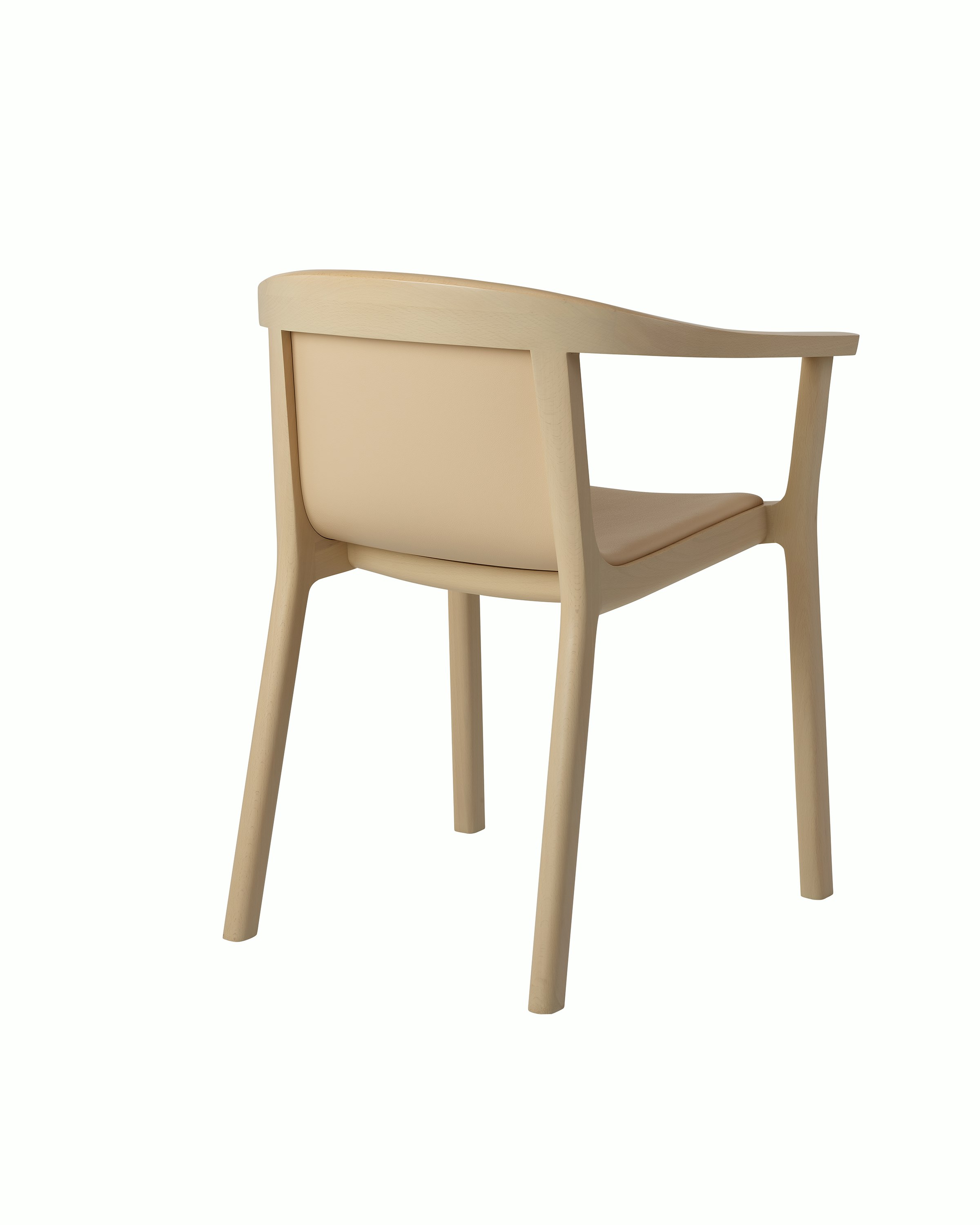 Lijn Armchair by Carole Baijings for Geiger in Light Beech frame upholstered with Maharam Prone Leather in Balsa, angled back view on a white sweep.