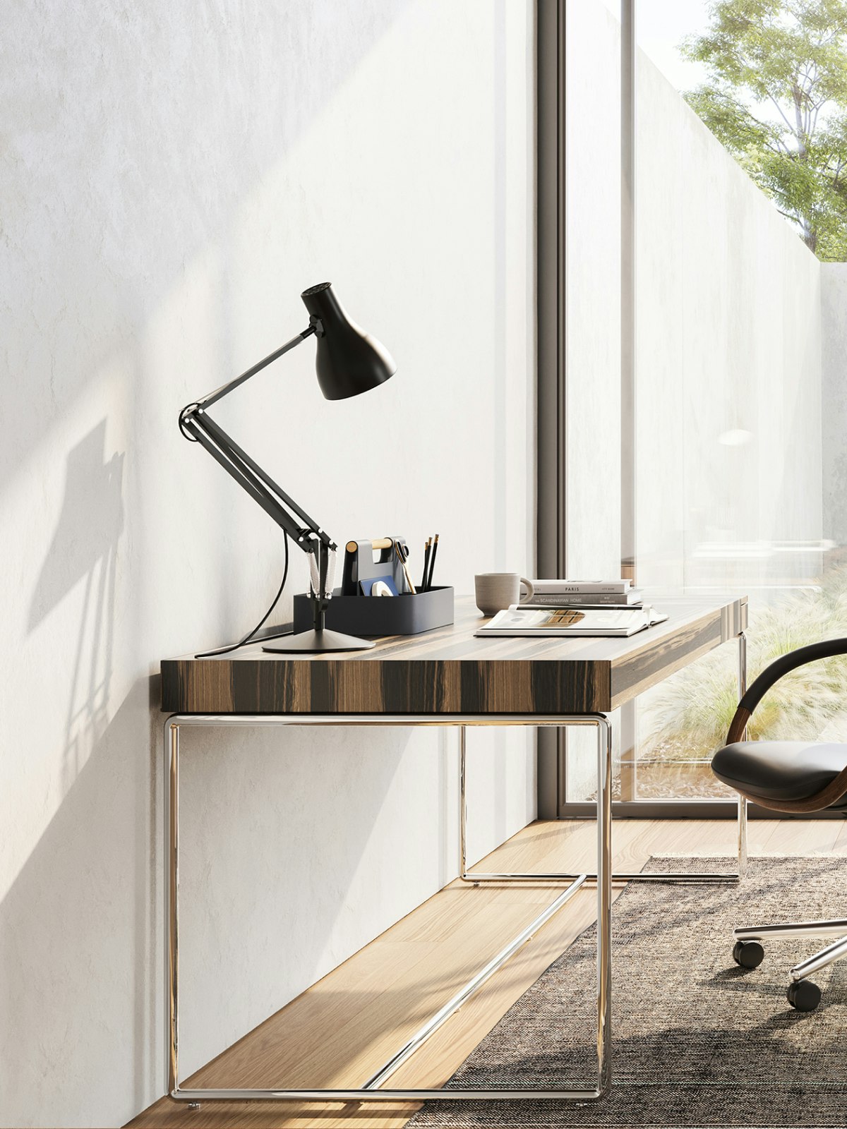 Full Loop Chair with a Domino Desk in a home office setting.