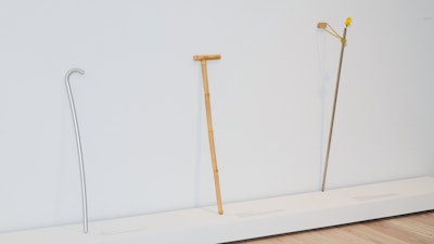 Three walking sticks and canes leaning against a white wall at the walking sticks & canes exhibit.