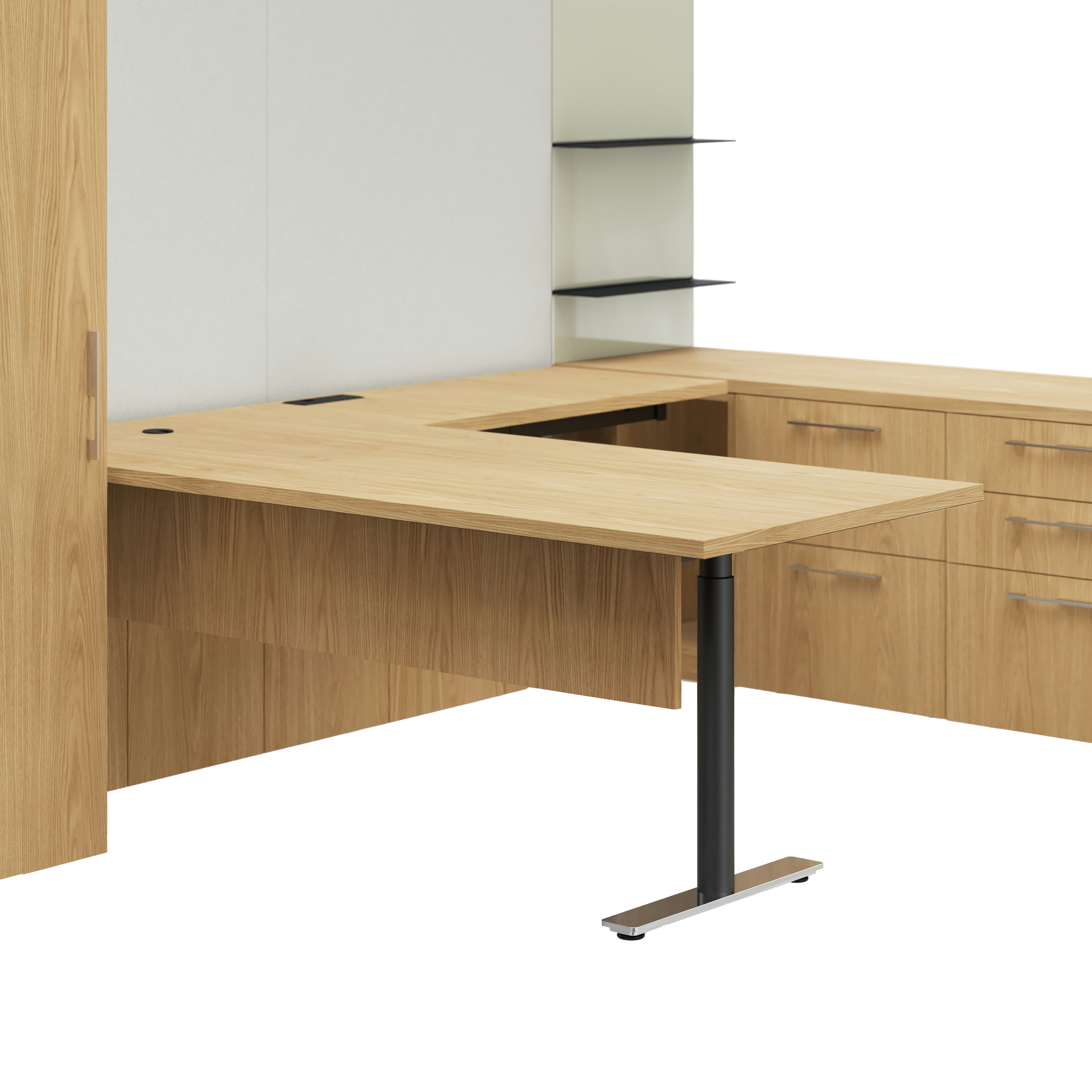 Detail shot of the Geiger One Casegoods t-foot leg option with a black column and chrome foot in a Natural Flat Cut Oak private office.