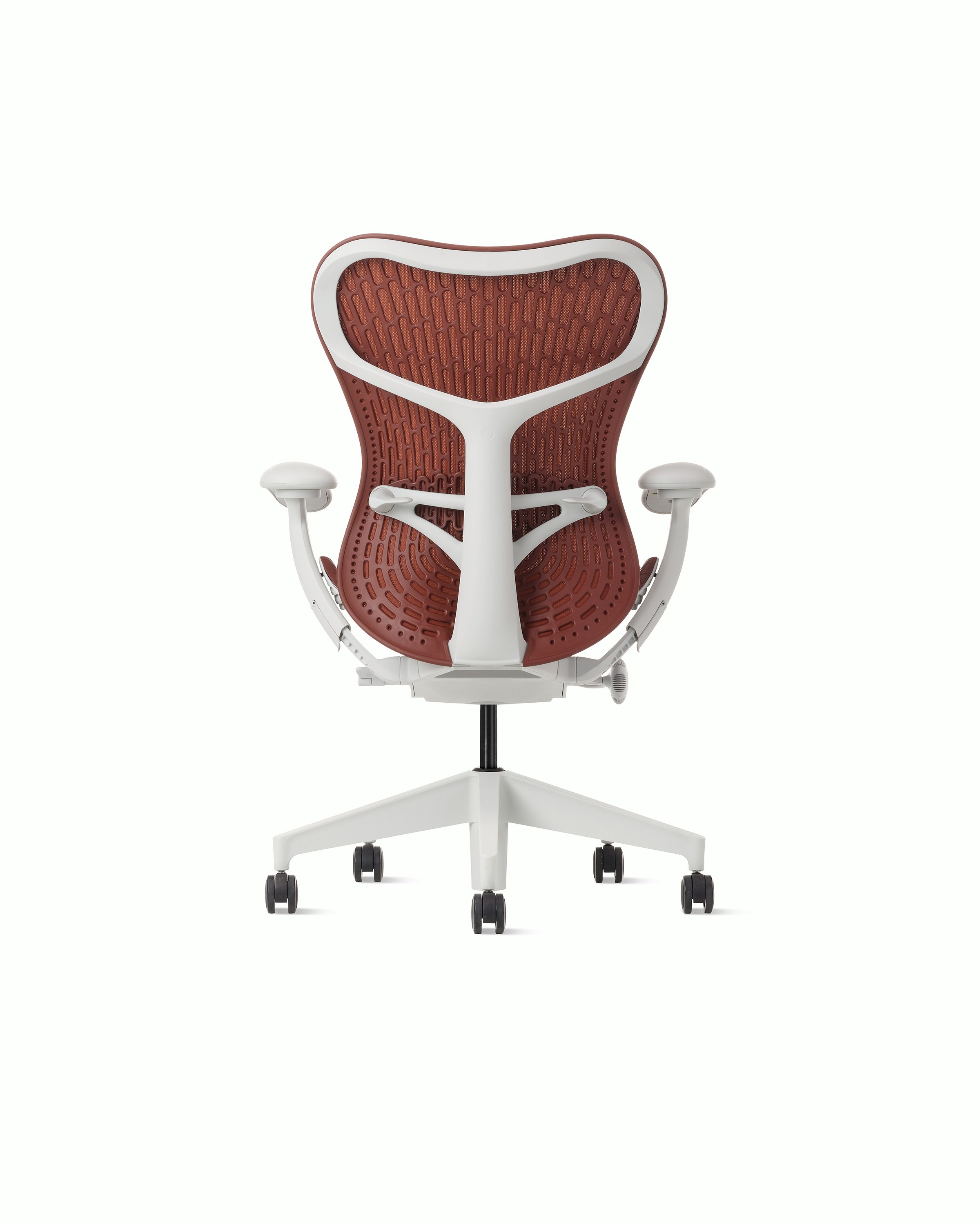 Rear view of a Mirra 2 chair with a Butterfly back in cordovan and alpine frame.