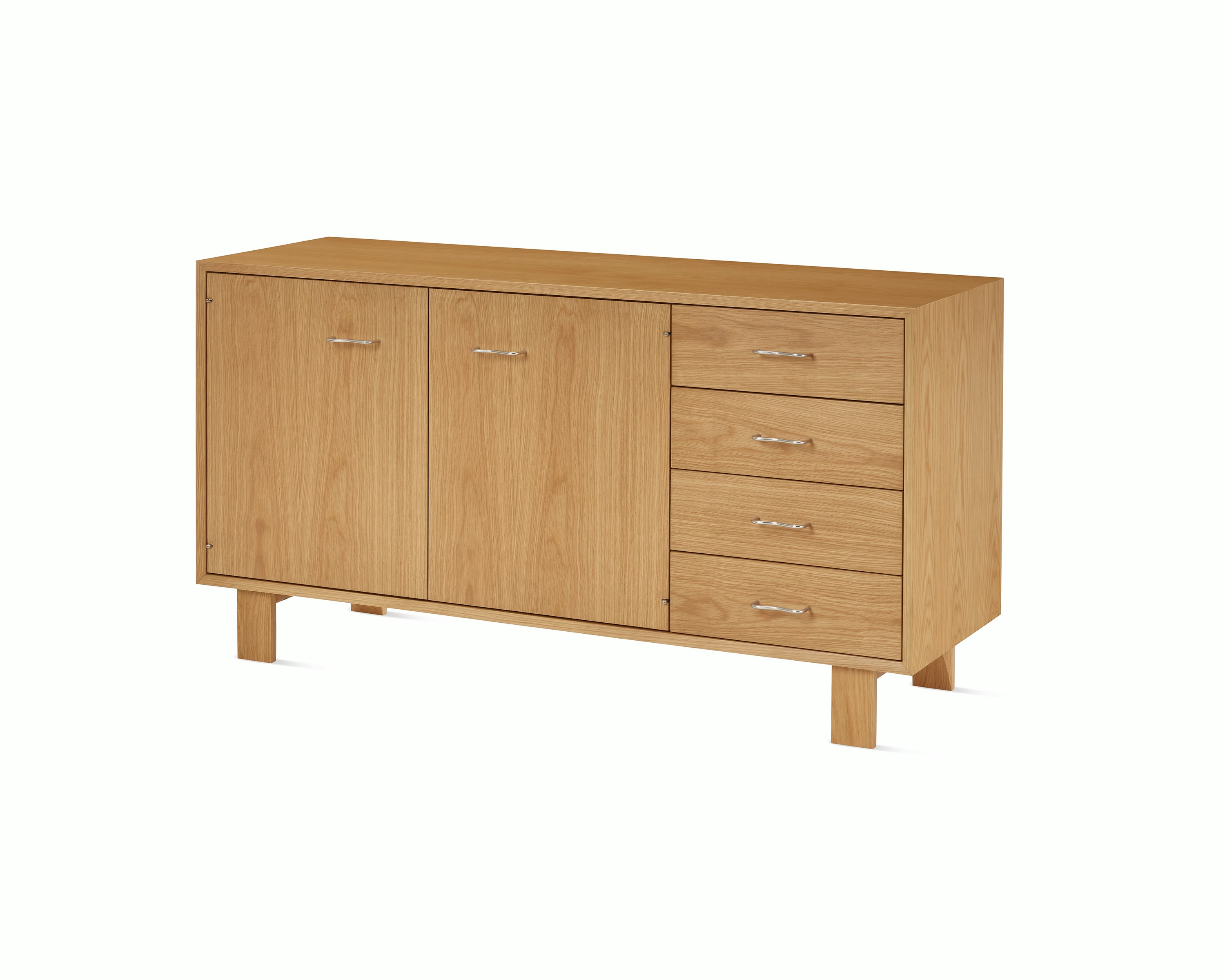 Nelson Basic Cabinet Series Credenza in natural oak with two doors, four drawers, standard square legs, and wavy pulls.
