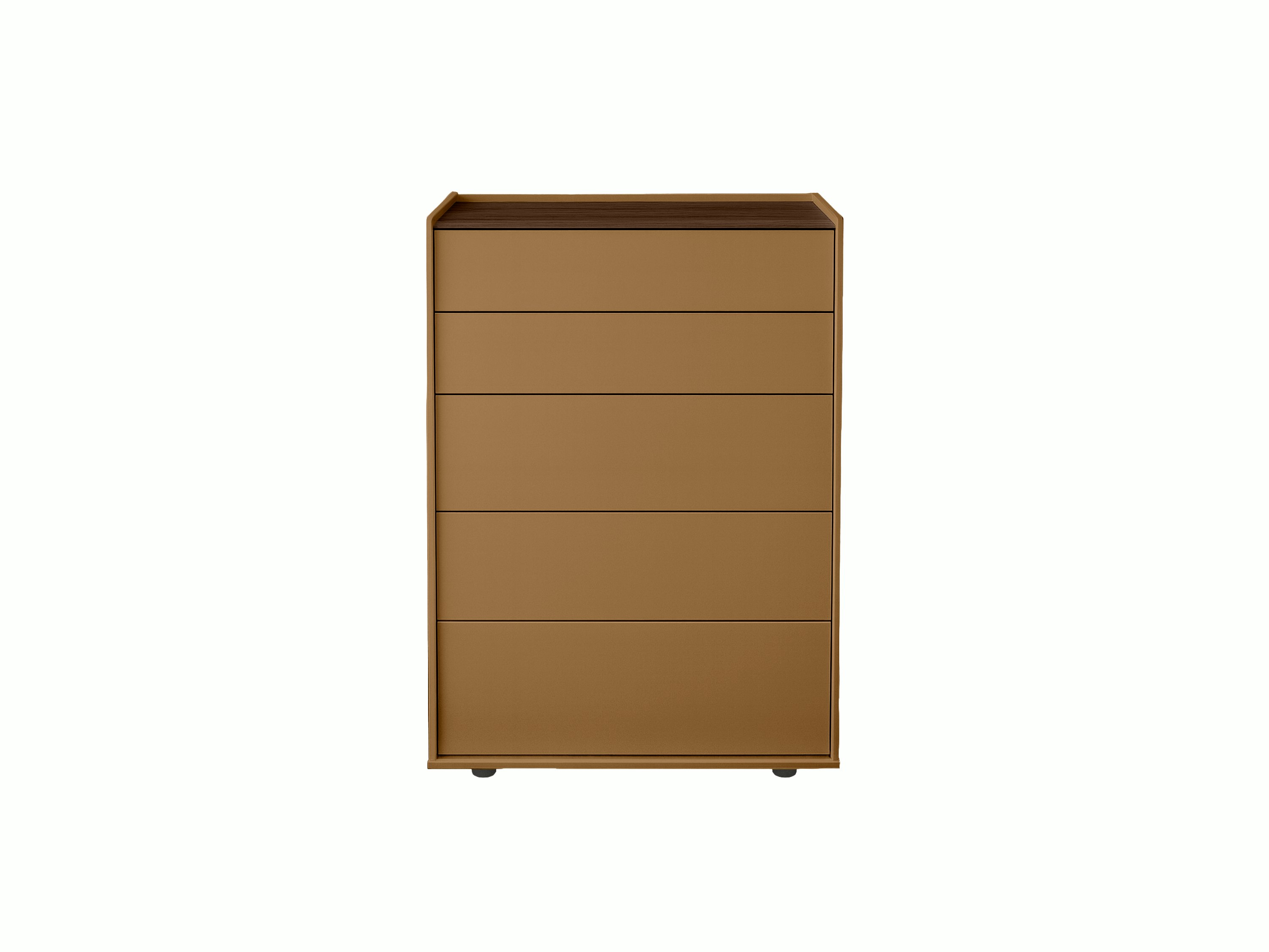 A Bera Dresser in camel, walnut viewed from the front.